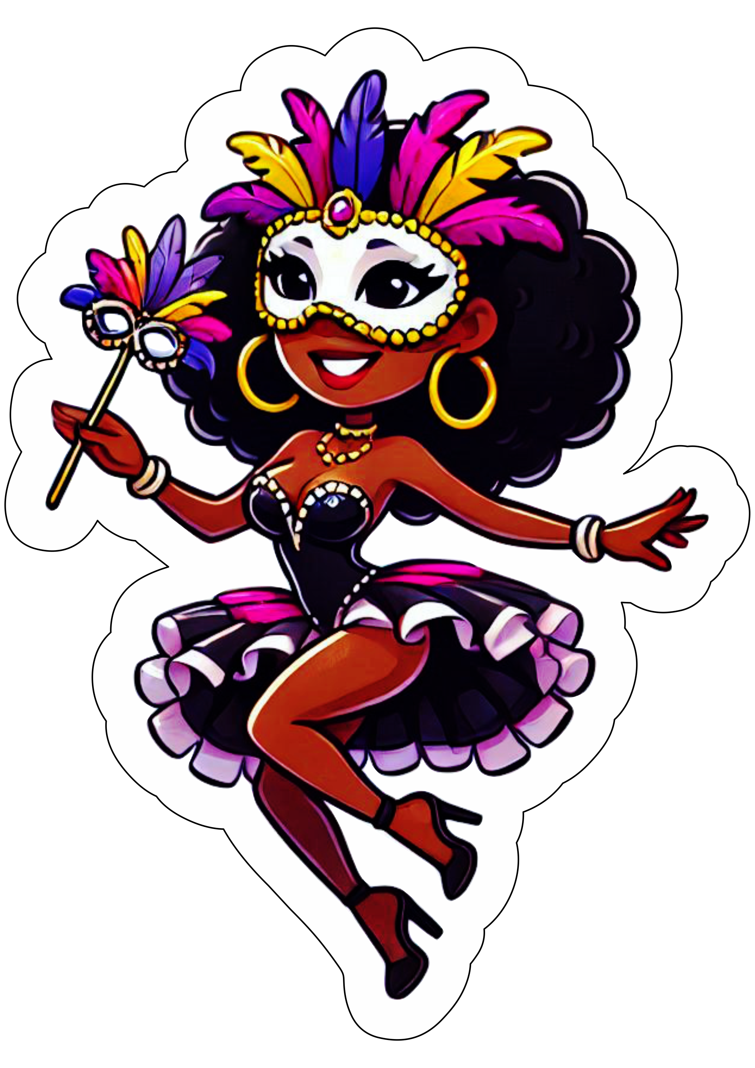 Carnaval 2025 mulher fantasiada desenho fofinho com contorno fundo transparente clipart vetor png