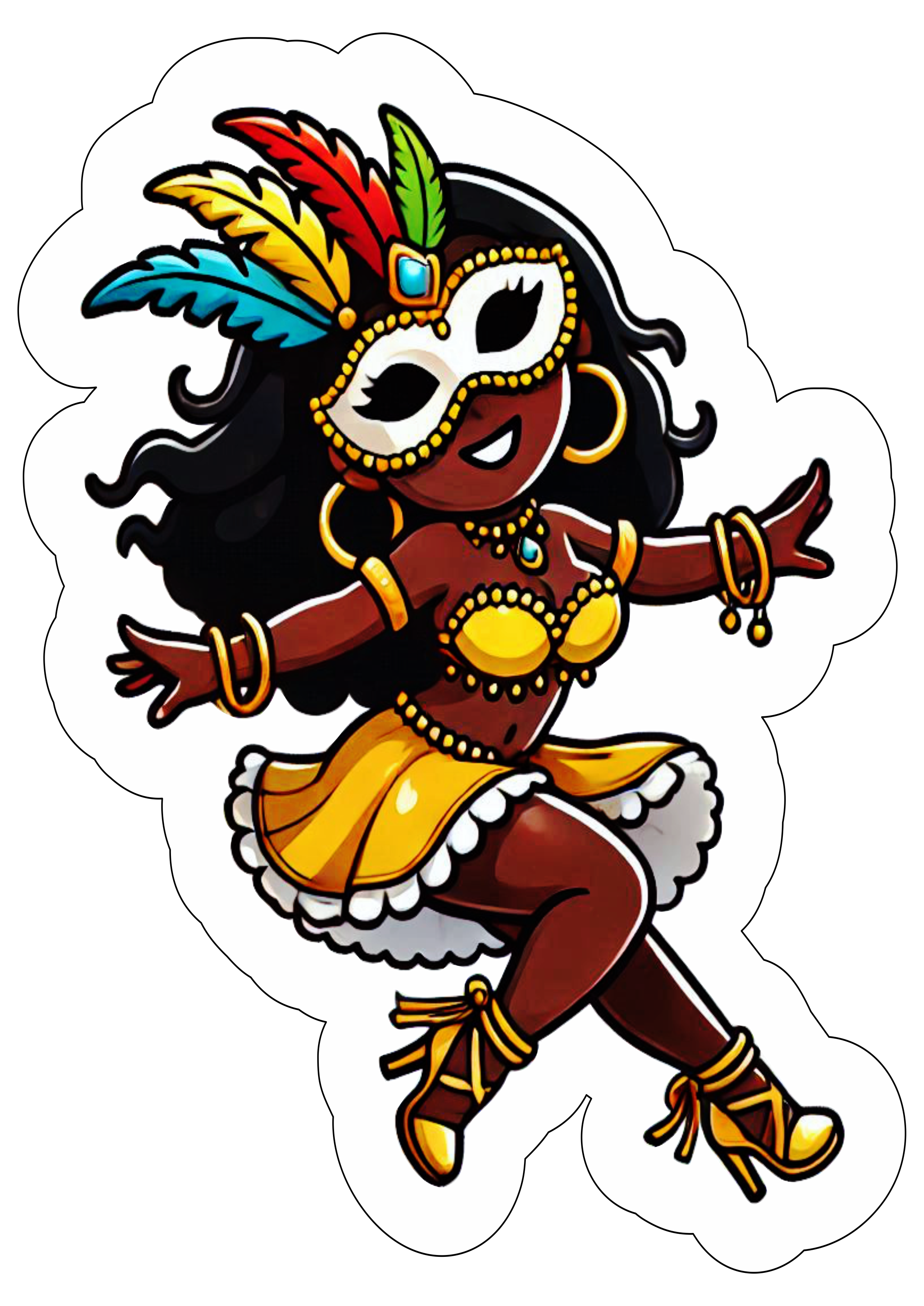 Carnaval 2025 mulher fantasiada desenho fofinho com contorno fundo transparente clipart png