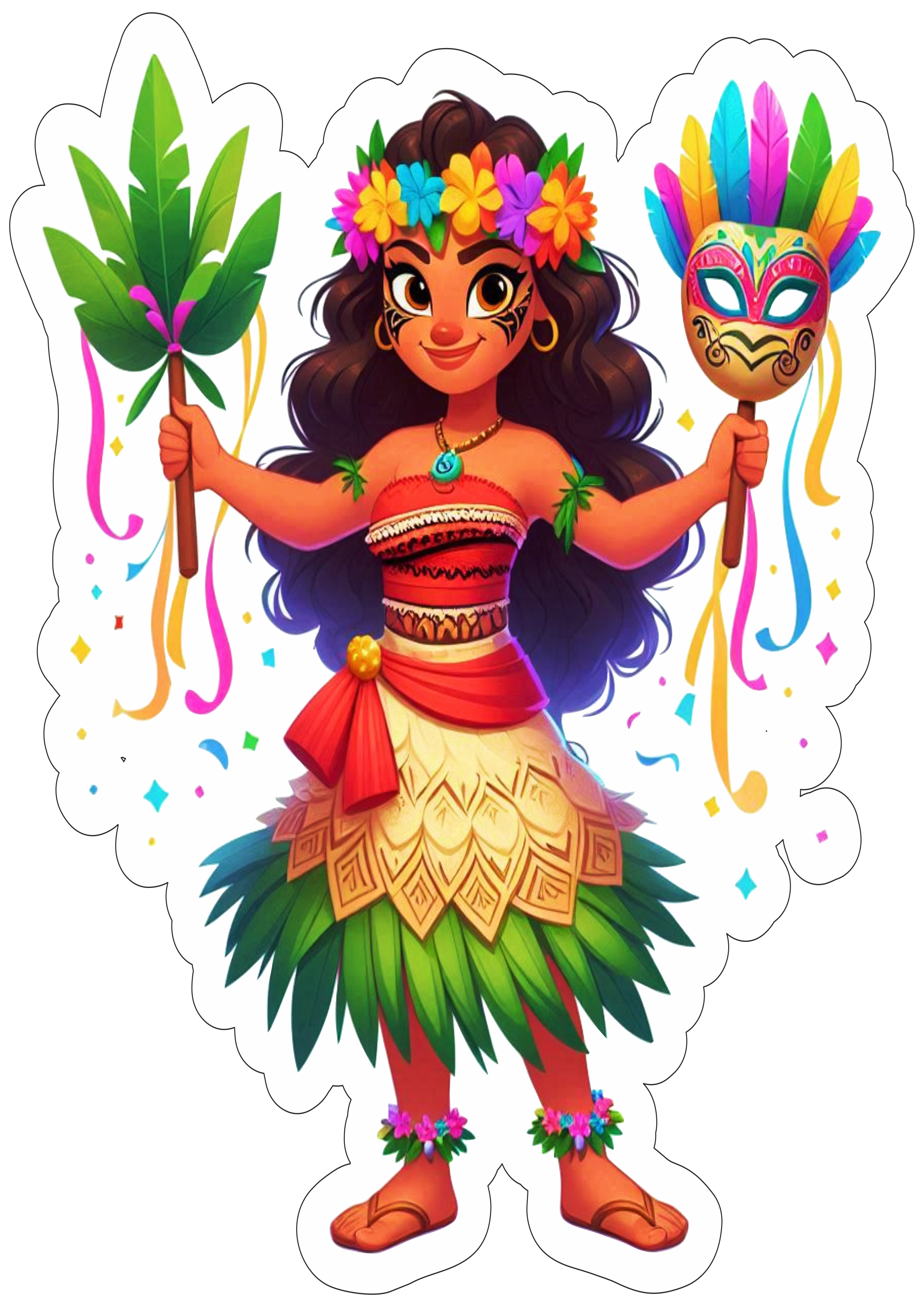 Moana com fantasia de carnaval desenho infantil simples e colorido baile de máscaras imagem com contorno fundo transparente png