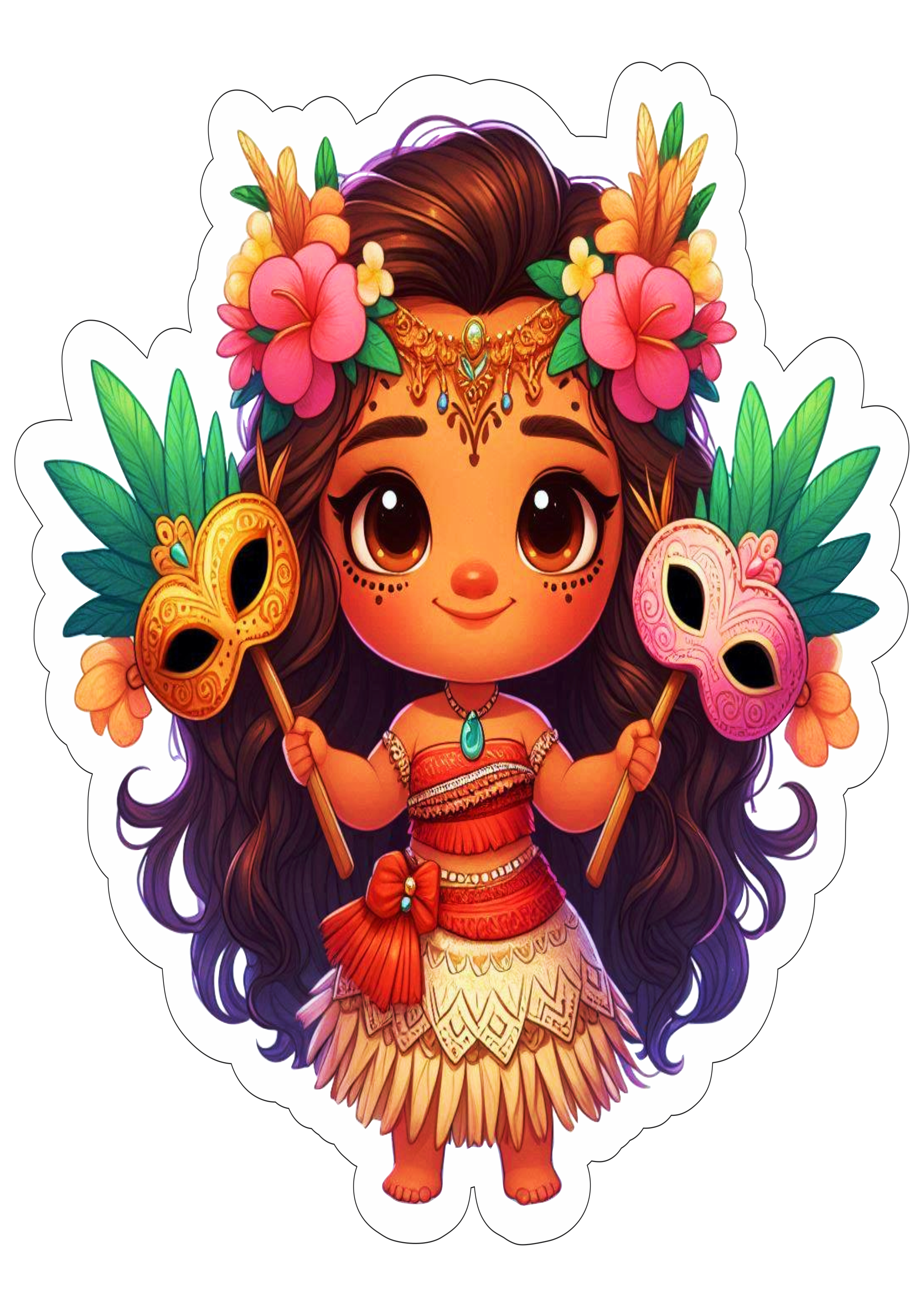 Moana com fantasia de carnaval desenho infantil simples e colorido baile de máscaras imagem com contorno fundo transparente clipart png