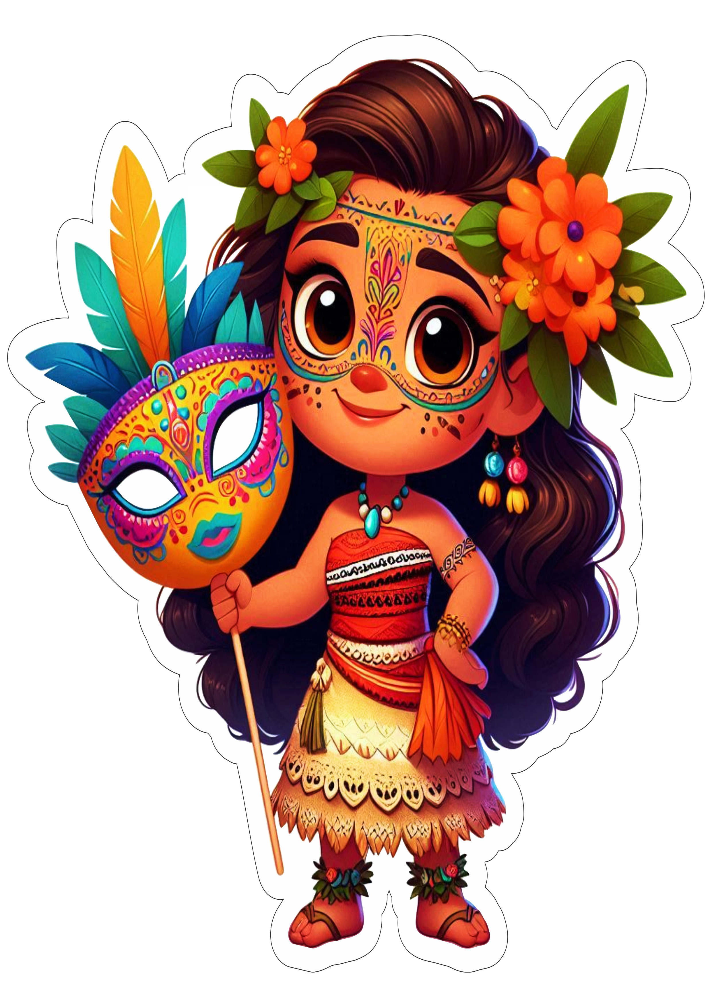 Moana com fantasia de carnaval desenho infantil simples e colorido baile de máscaras imagem com contorno fundo transparente vetor png