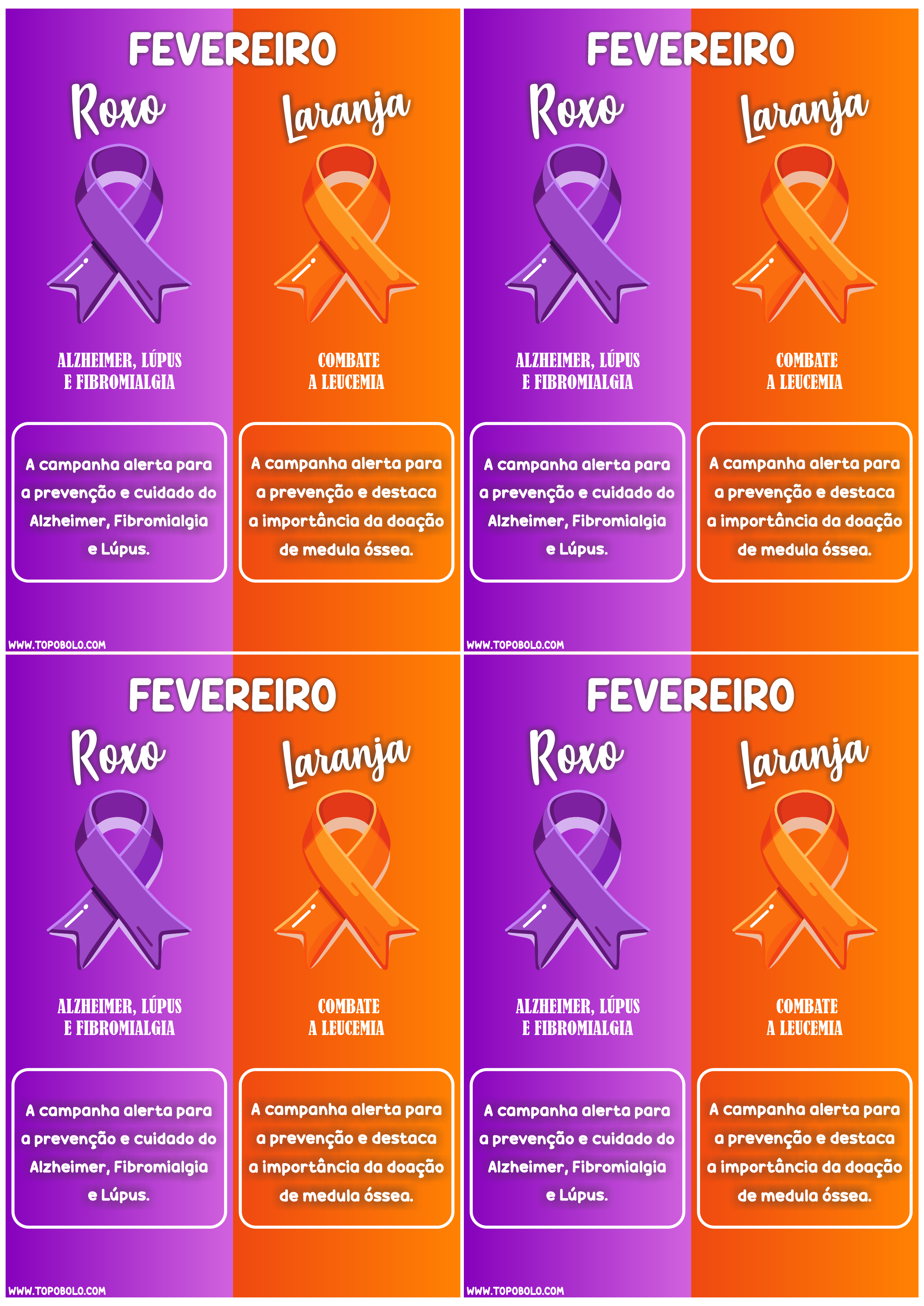 Fevereiro Roxo e Laranja Campanha de conscientização sobre o Alzheimer Lúpus Fibromialgia e Leucemia panfleto 4 imagens png