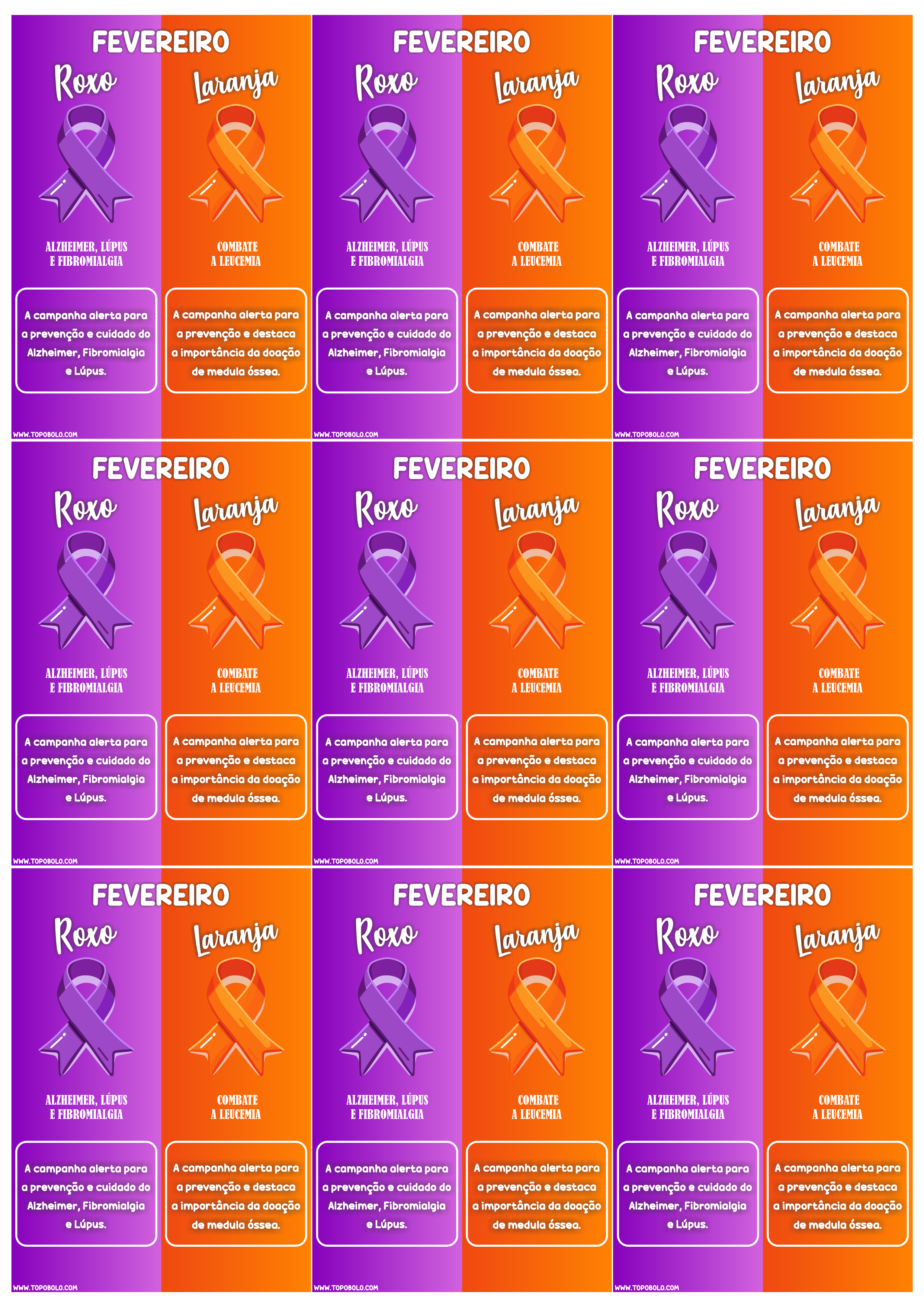 Fevereiro Roxo e Laranja Campanha de conscientização sobre o Alzheimer Lúpus Fibromialgia e Leucemia panfleto 9 imagens png