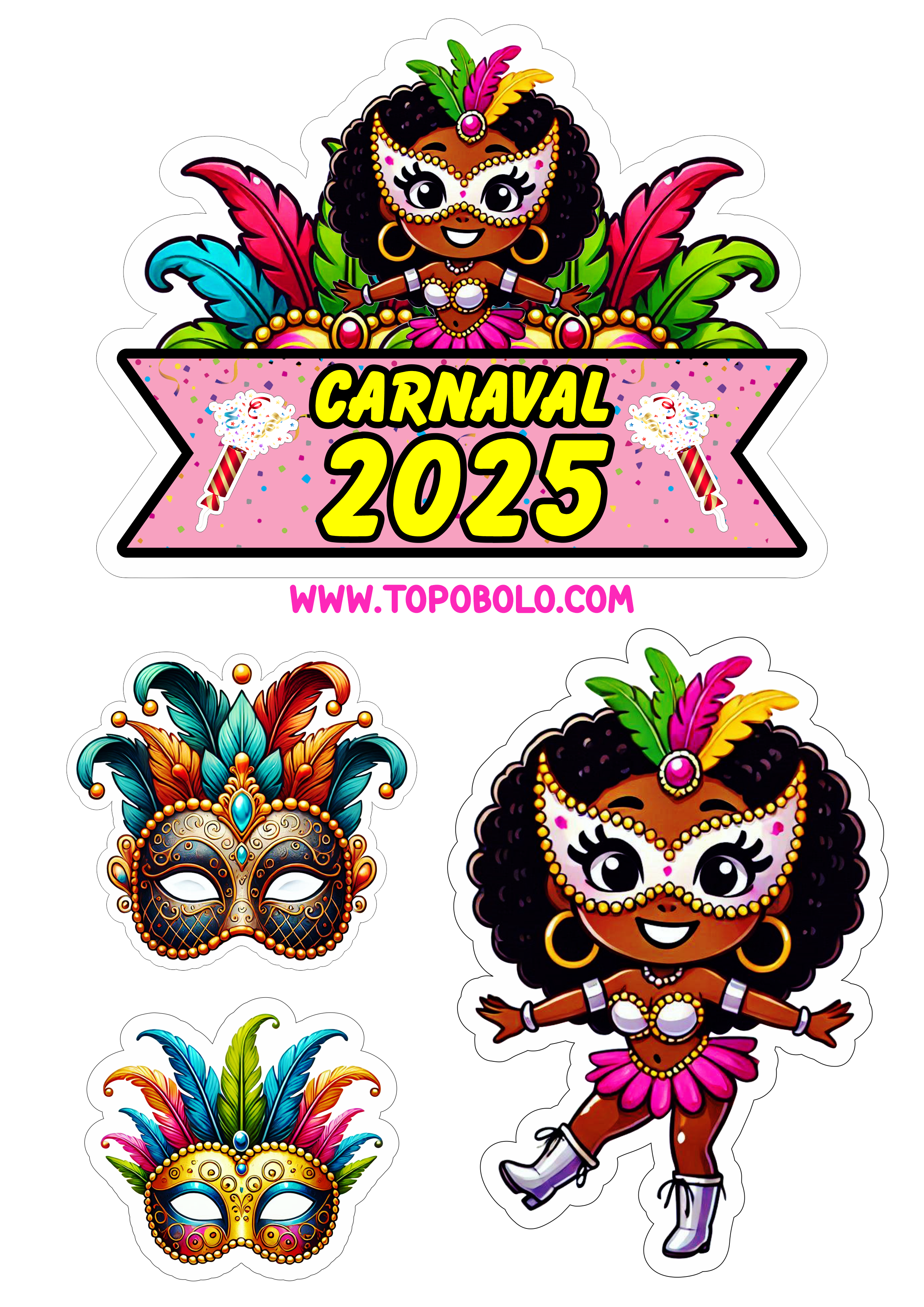 Carnaval 2025 decoração de festa topo de bolo para imprimir baile de máscaras escola de samba fantasias papelaria criativa png