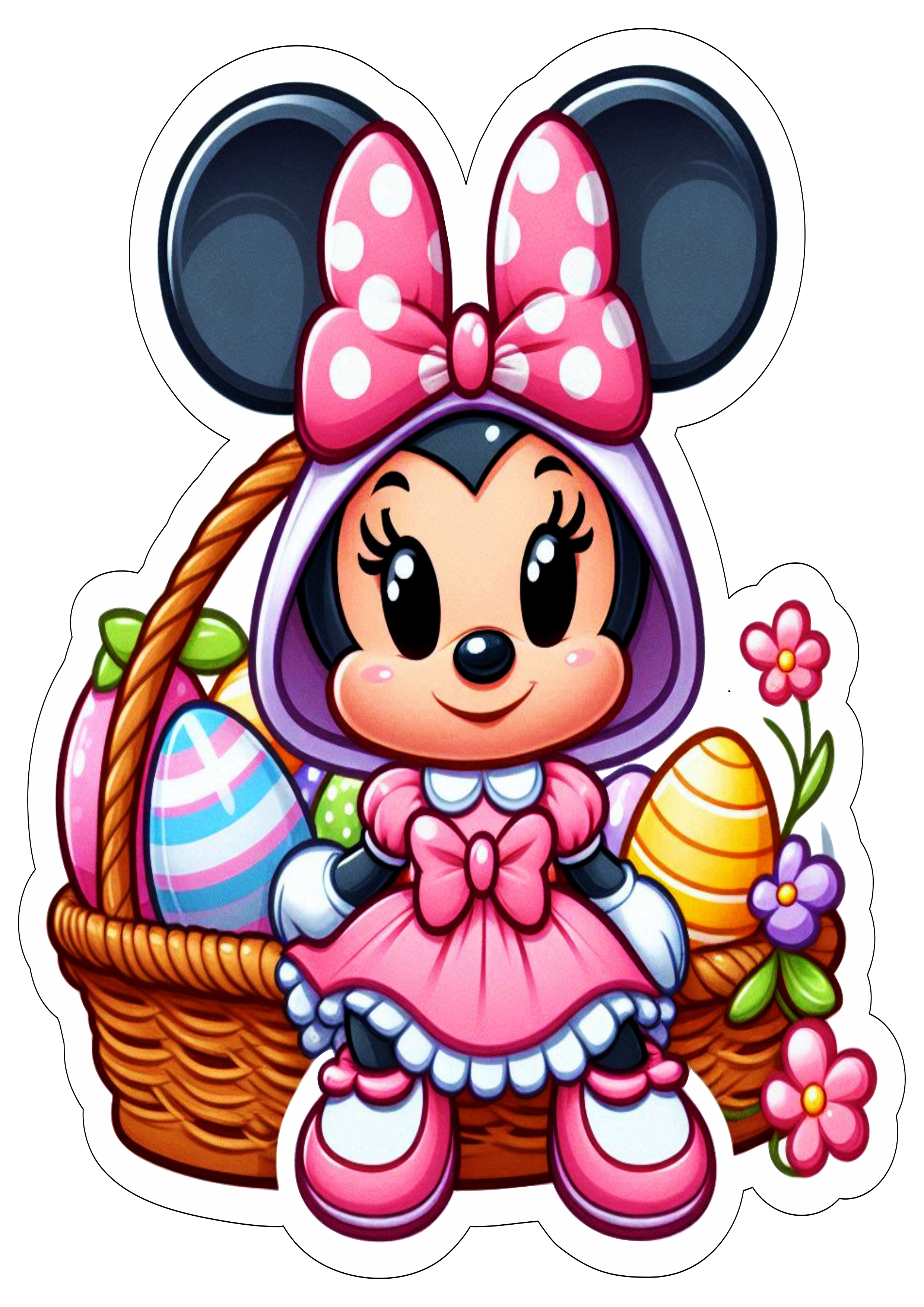 Minnie Mouse fantasiada de coelhinho da páscoa desenho simples para decoração imagem com contorno para recorte ovos de chocolate png