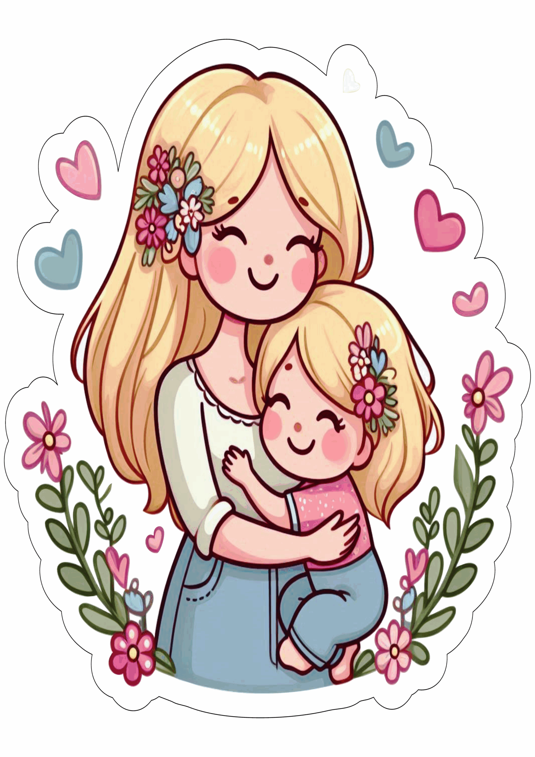 Desenho fofinho dia das mães loira blonde ilustração artwork fundo transparente abraço imagem com contorno flores png