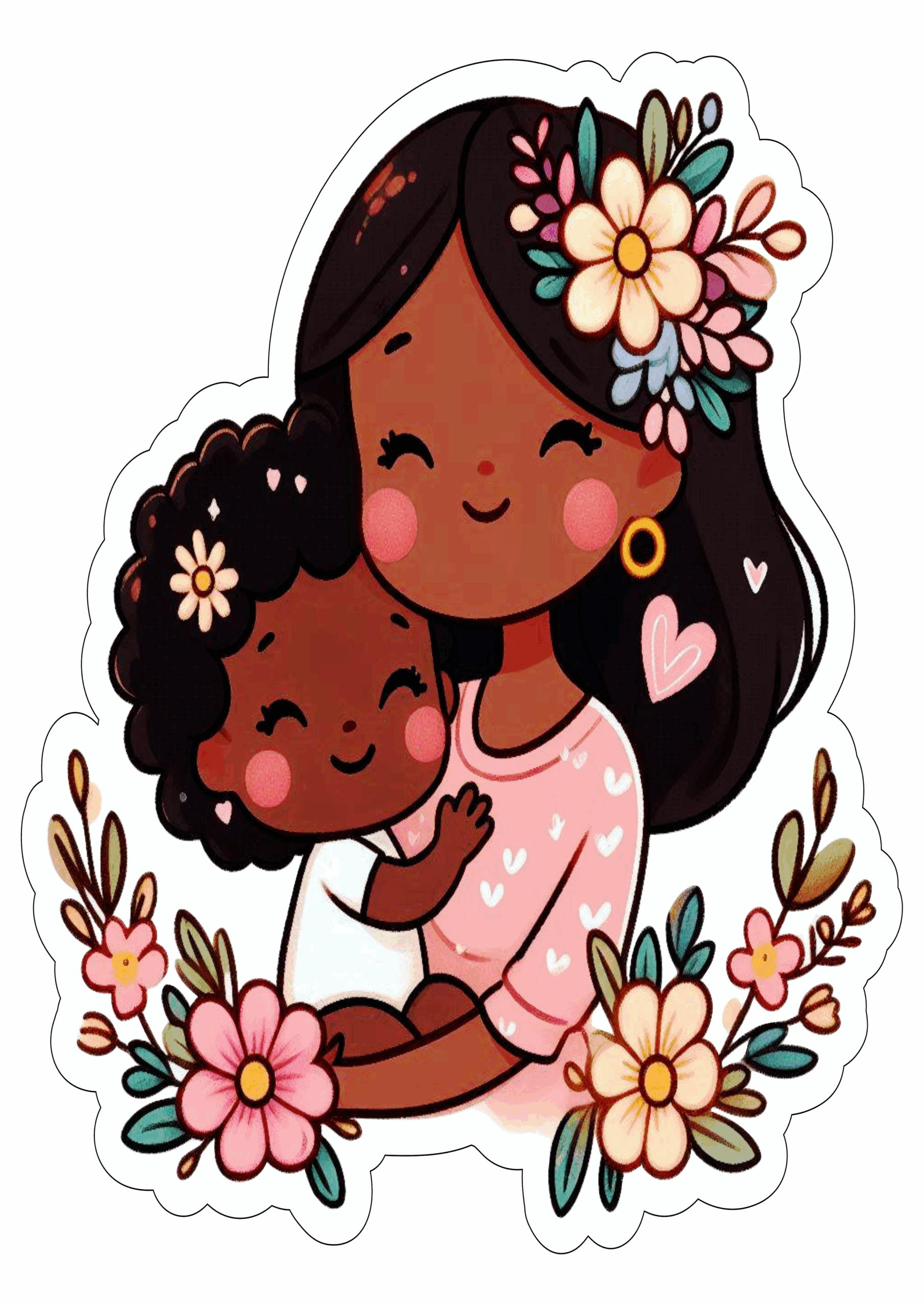 Desenho fofinho dia das mães morena negra flores happy mother’s day free download ilustração png