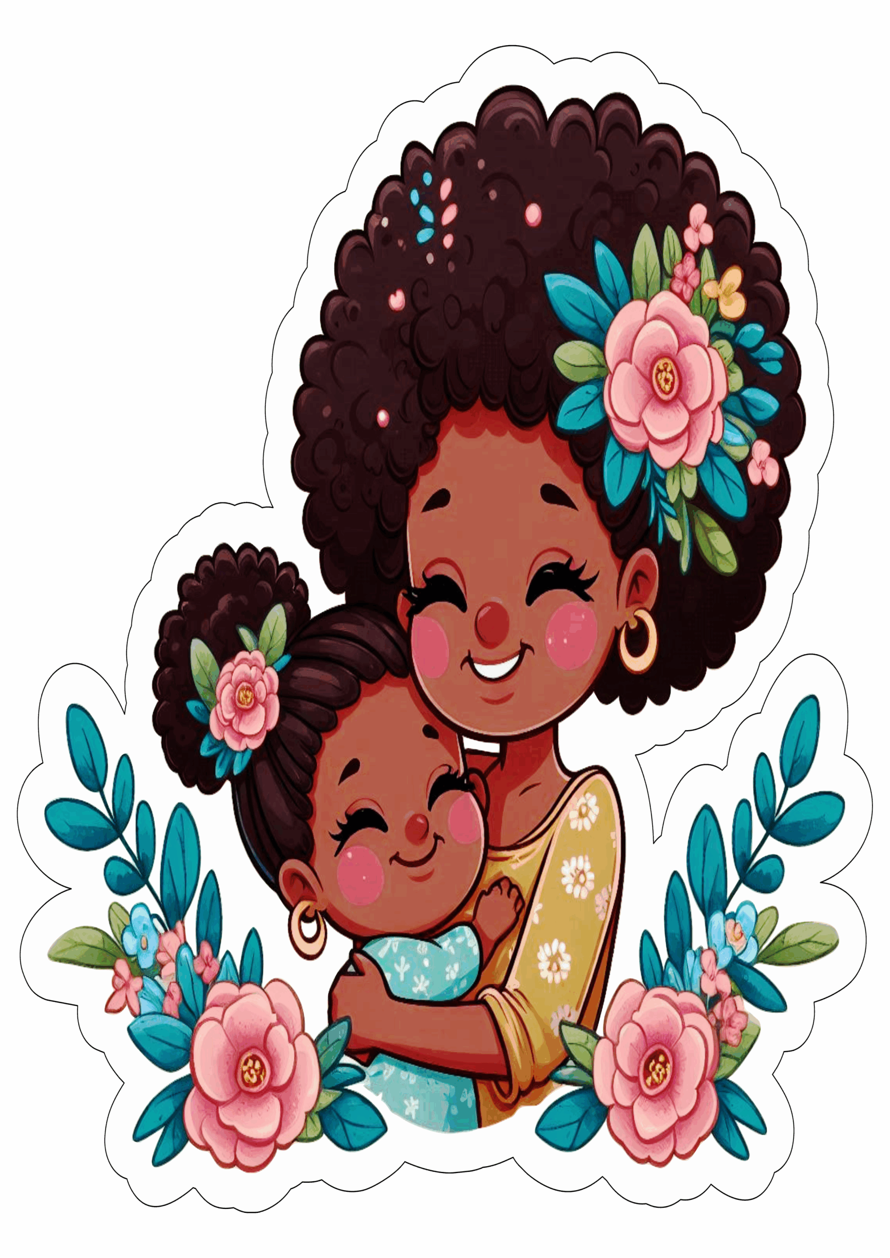 Desenho fofinho dia das mães morena negra flores happy mother’s day free download ilustração fundo transparente png