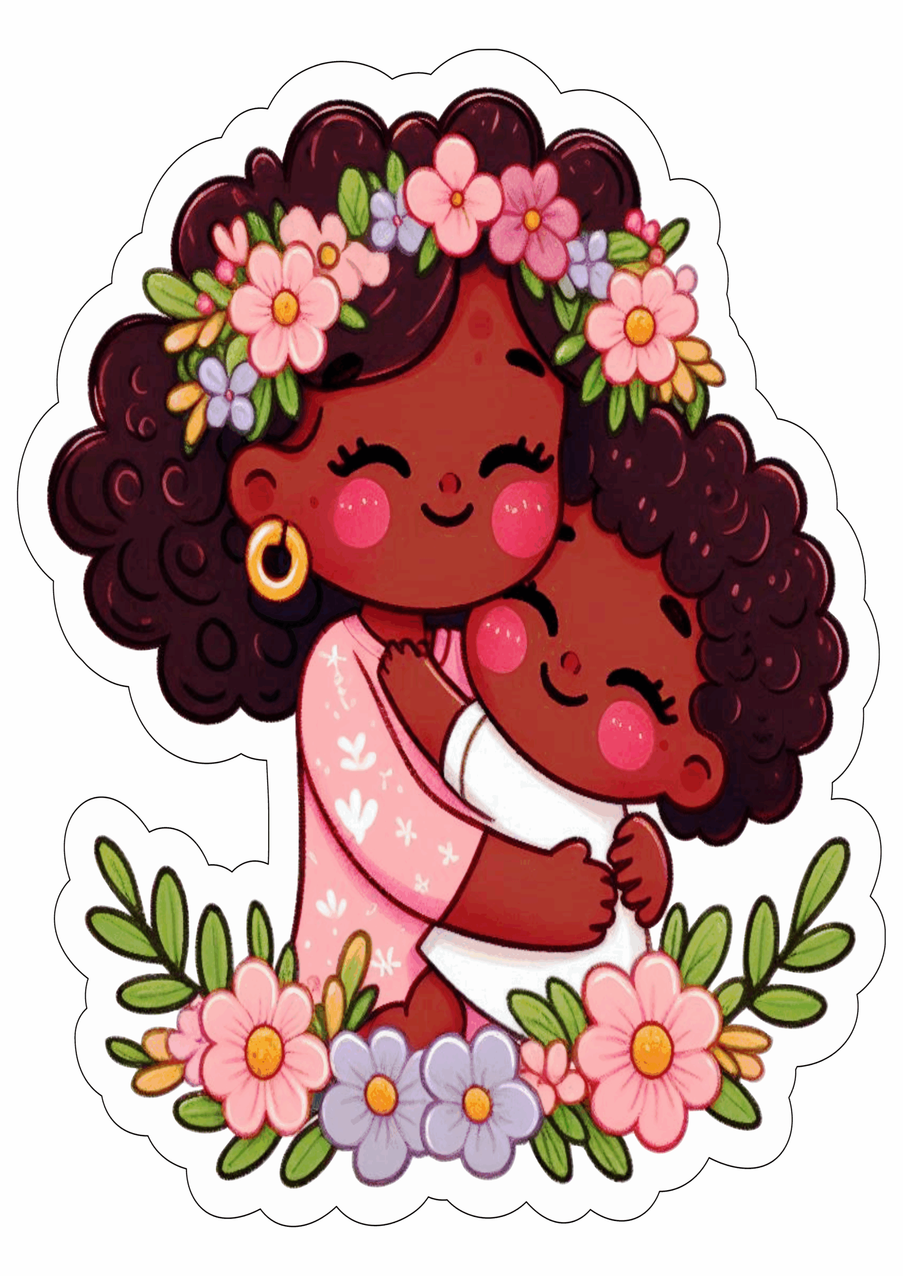 Desenho fofinho dia das mães morena negra flores happy mother’s day free download ilustração fundo transparente clipart png