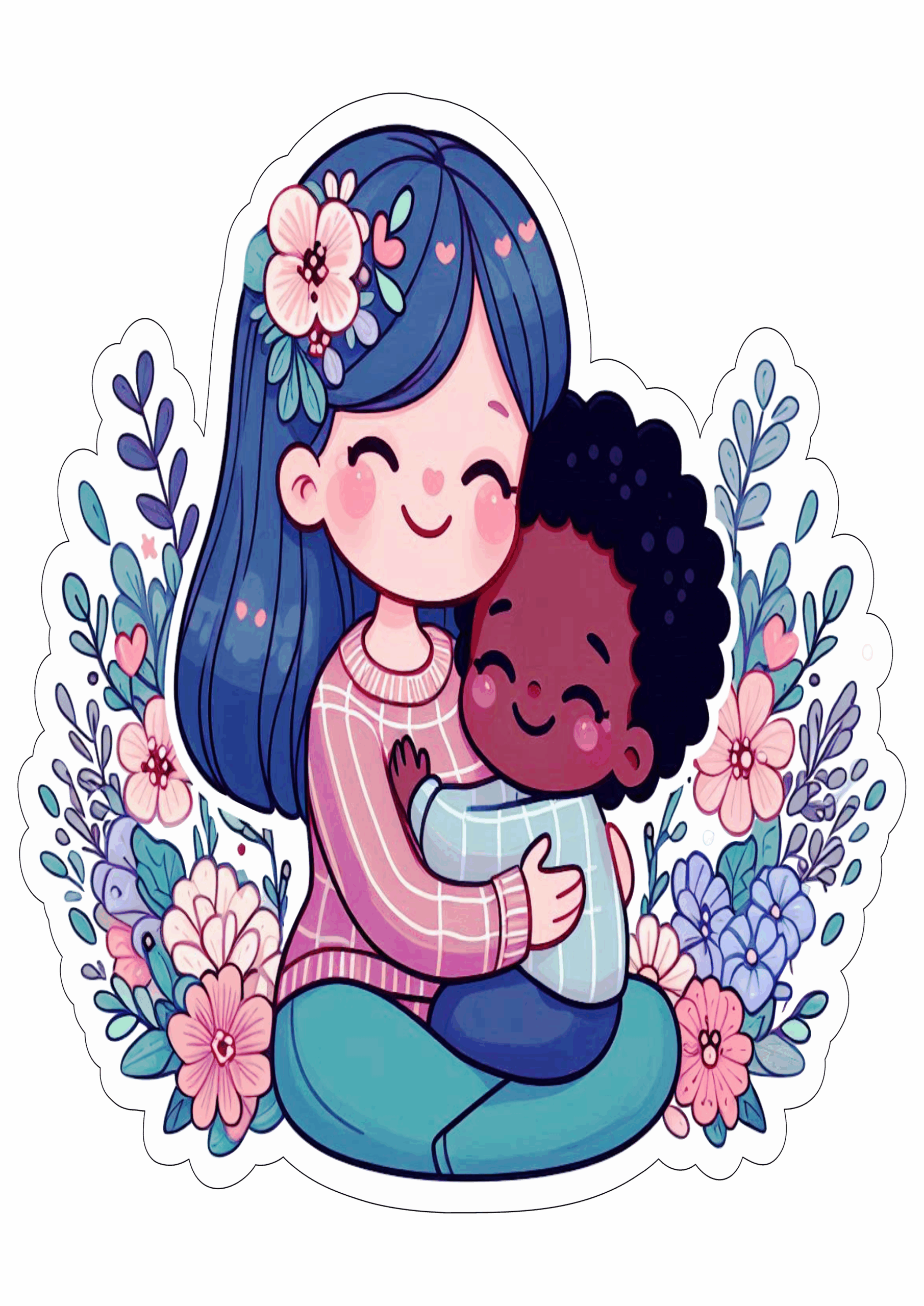 Desenho fofinho dia das mães morena negra flores happy mother’s day free download ilustração fundo transparente clipart artwork png