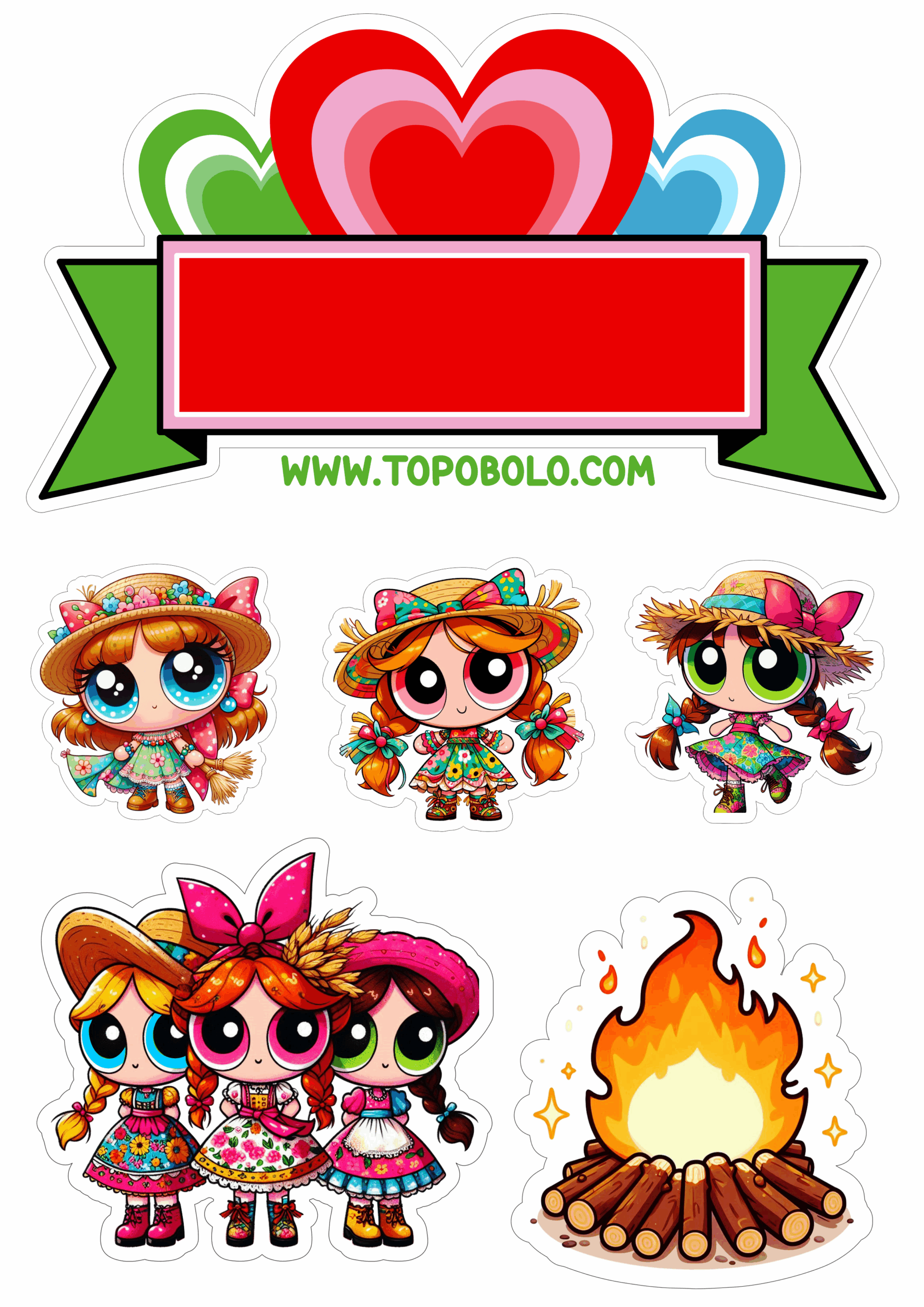 Topo de bolo as meninas super poderosas festa junina São João fogueira aniversário infantil papelaria criativa png