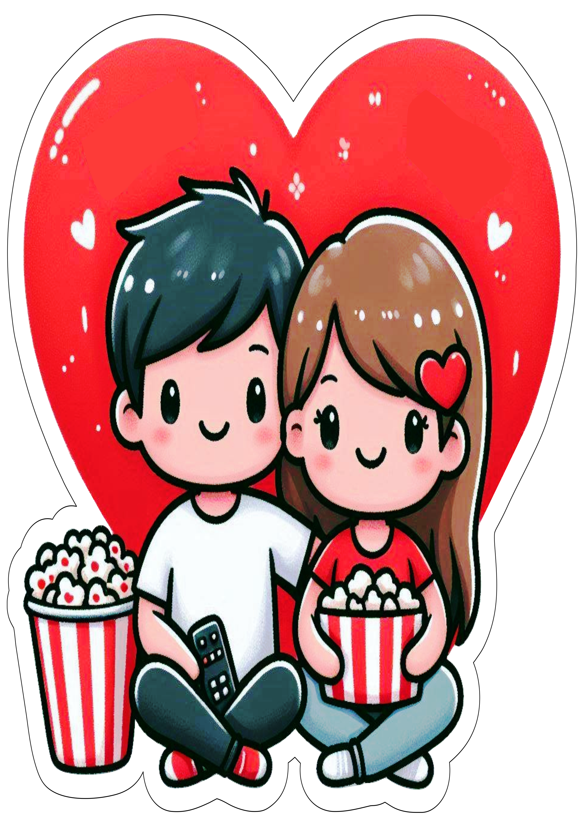Dia dos namorados desenho fofinho casal assistindo netflix cinema pipoca coração png