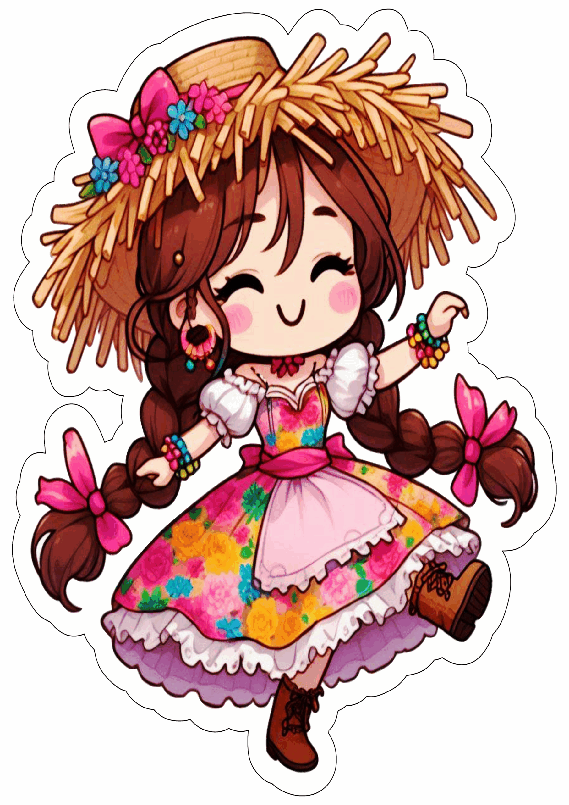 Festa junina desenho fofinho vestido colorido chapéu de palha trancinhas no cabelo fundo transparente São João quadrilhas dançando png