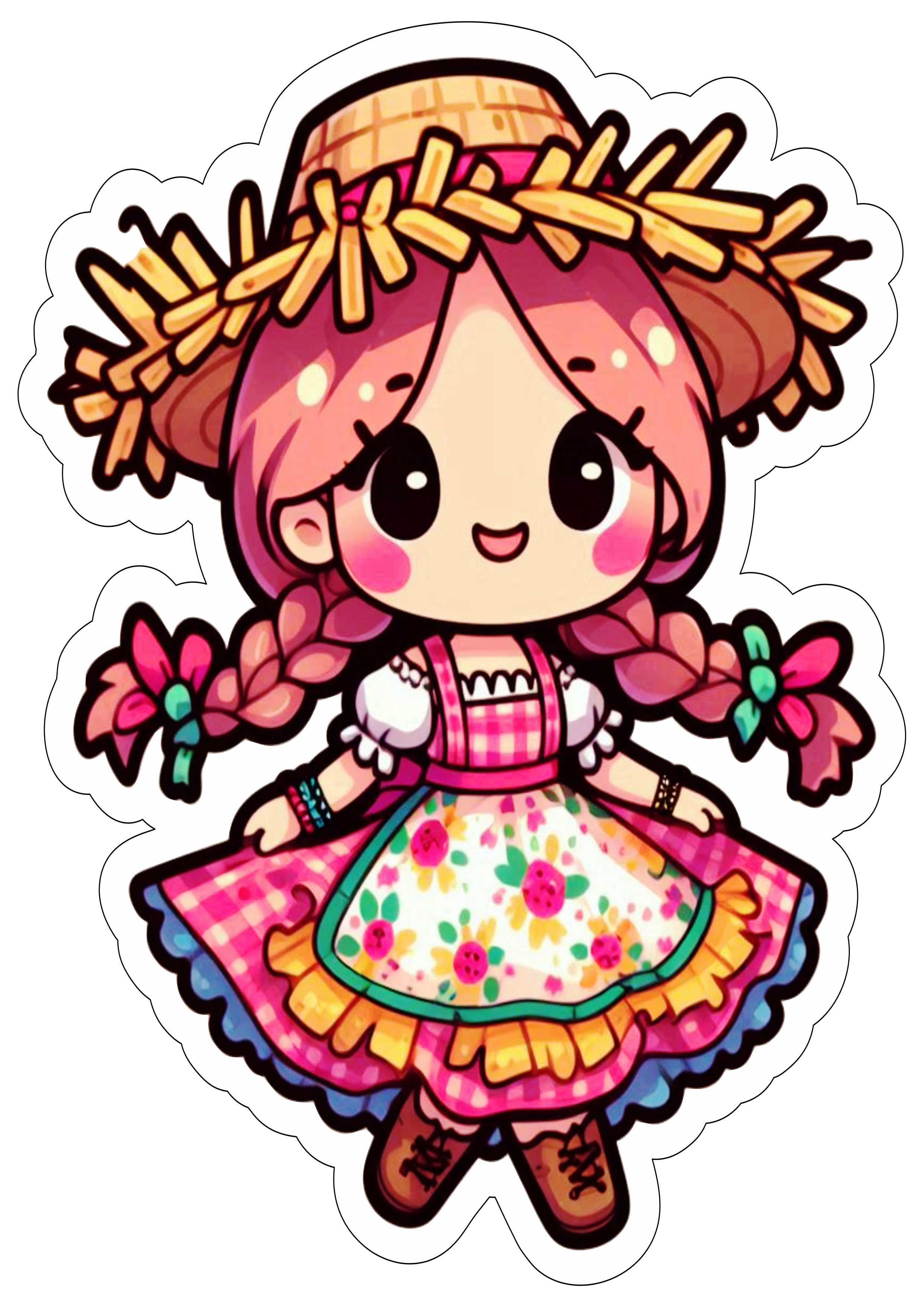 Festa junina desenho fofinho vestido colorido chapéu de palha trancinhas no cabelo São João png