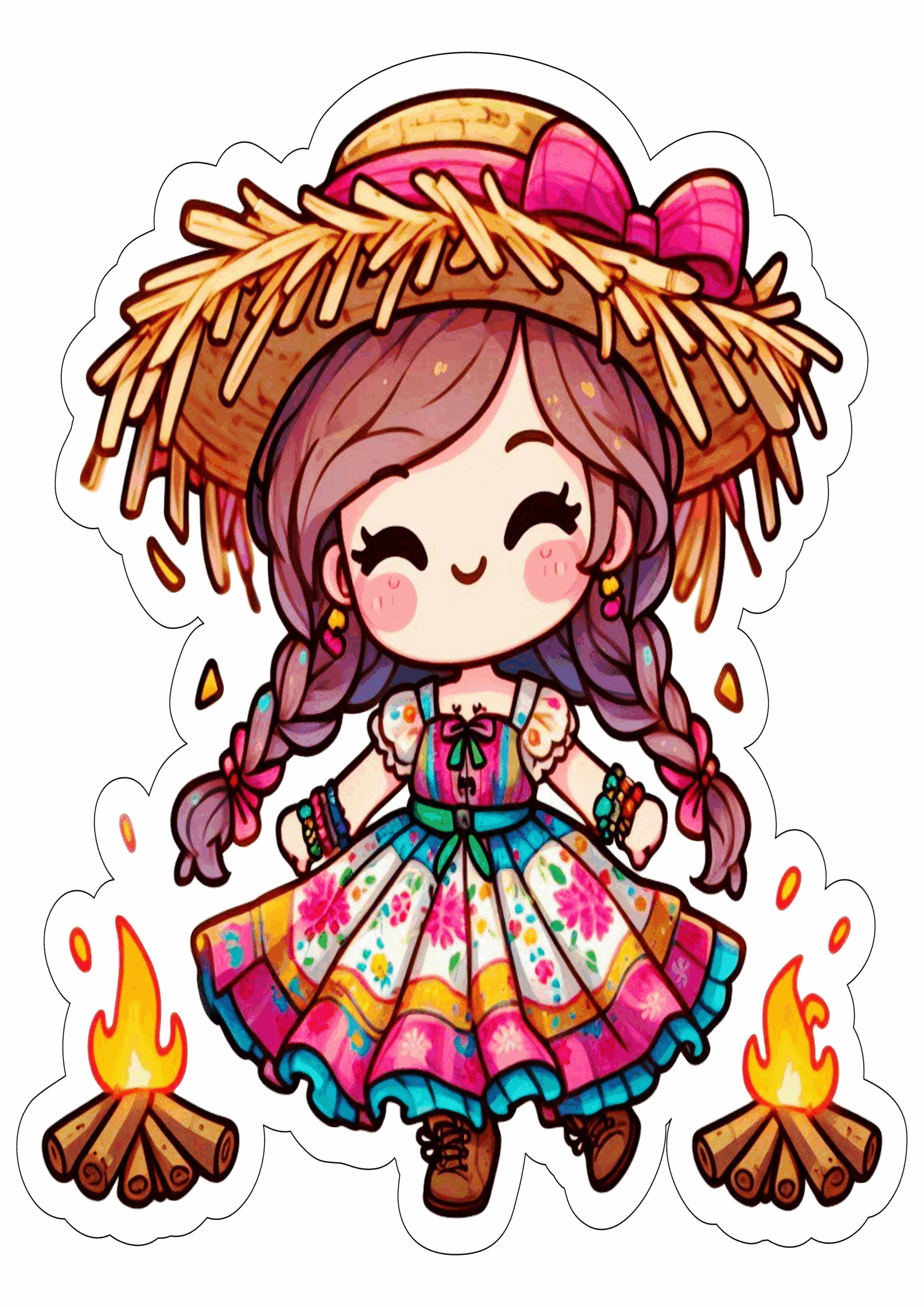 Festa junina desenho fofinho vestido colorido chapéu de palha trancinhas no cabelo e lacinho rosa São João png