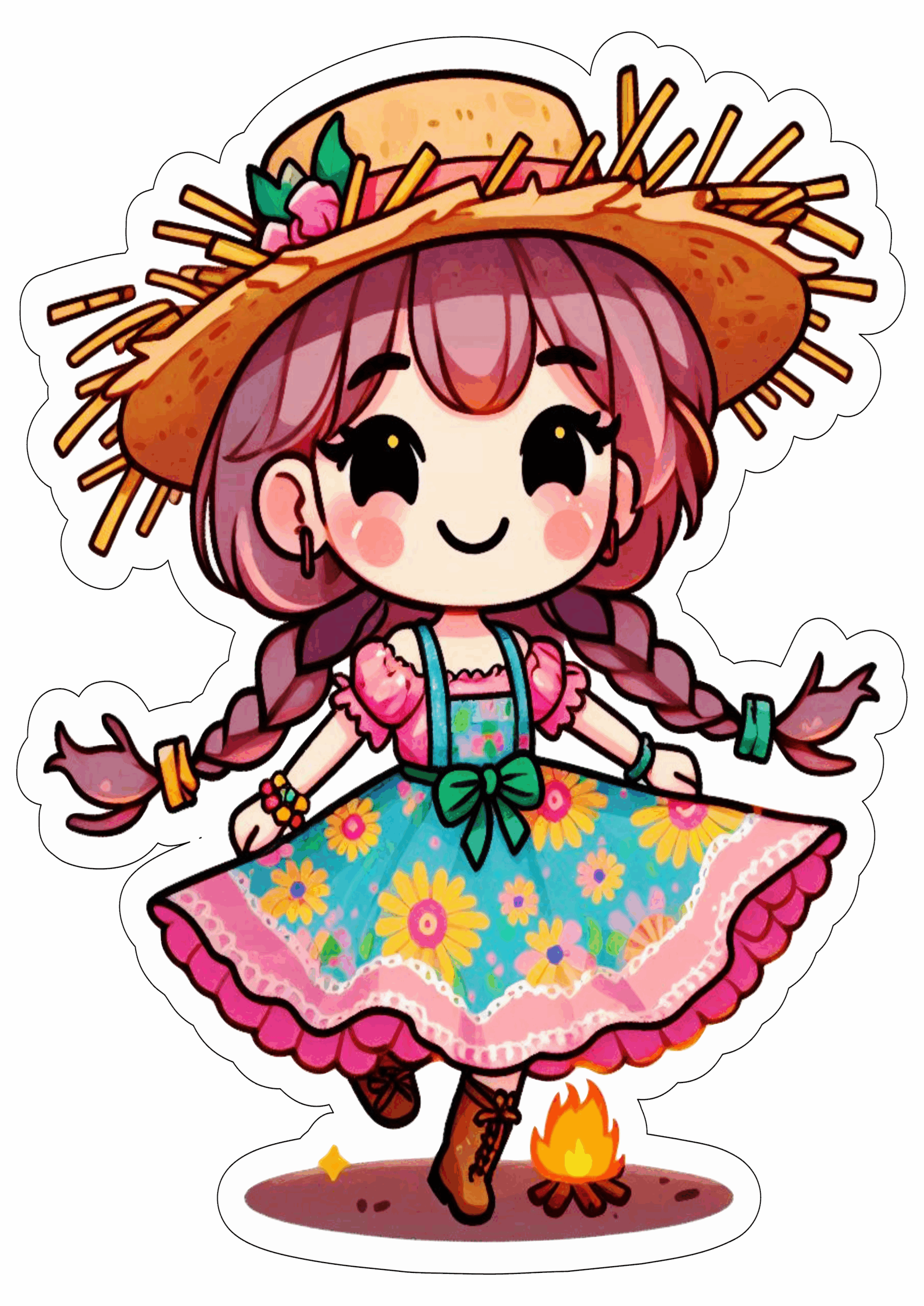 Festa junina desenho fofinho vestido colorido chapéu de palha trancinhas no cabelo e lacinho rosa São João imagem png