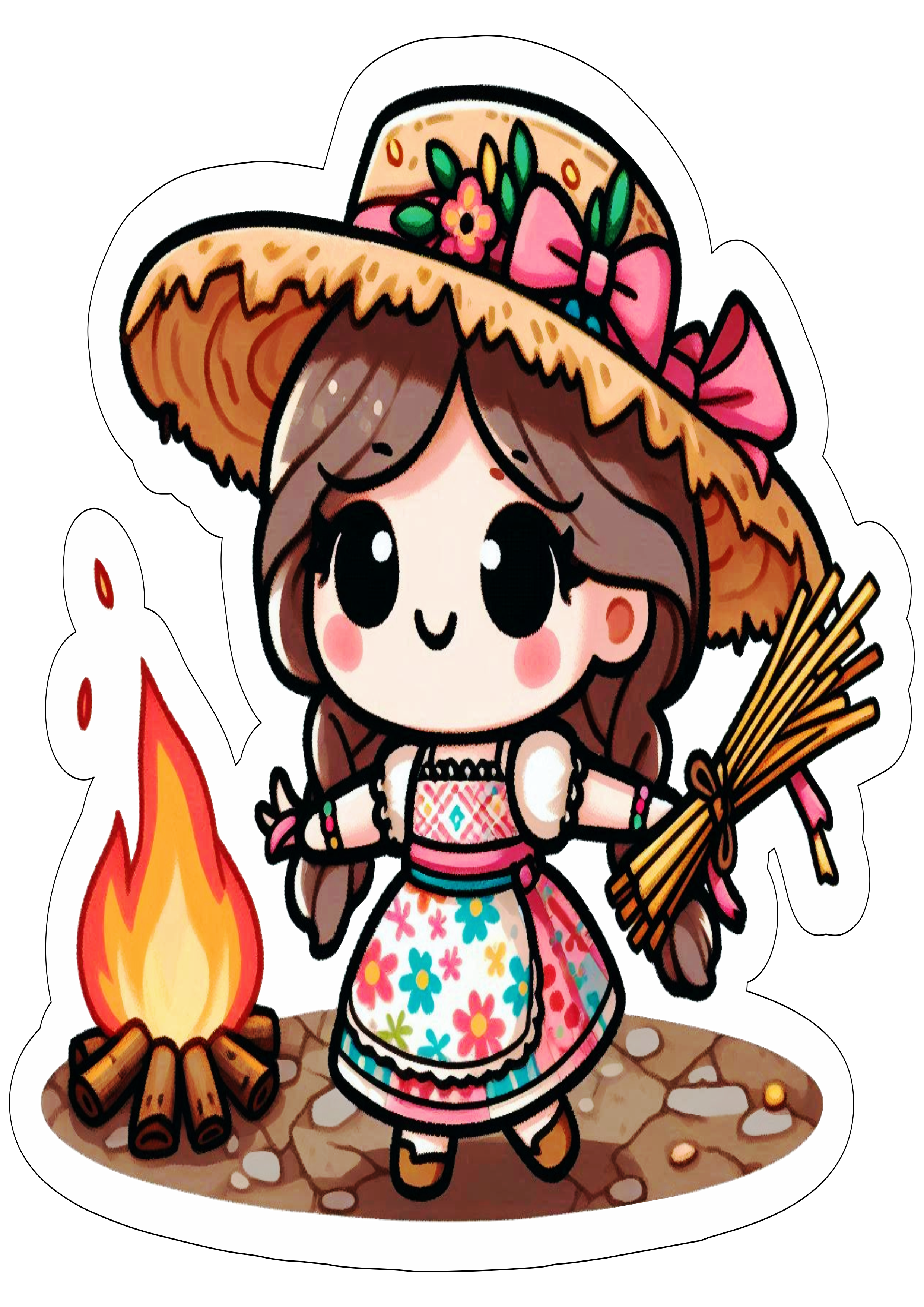 Festa junina desenho fofinho vestido colorido chapéu de palha trancinhas no cabelo e lacinho rosa São João imagem grátis png