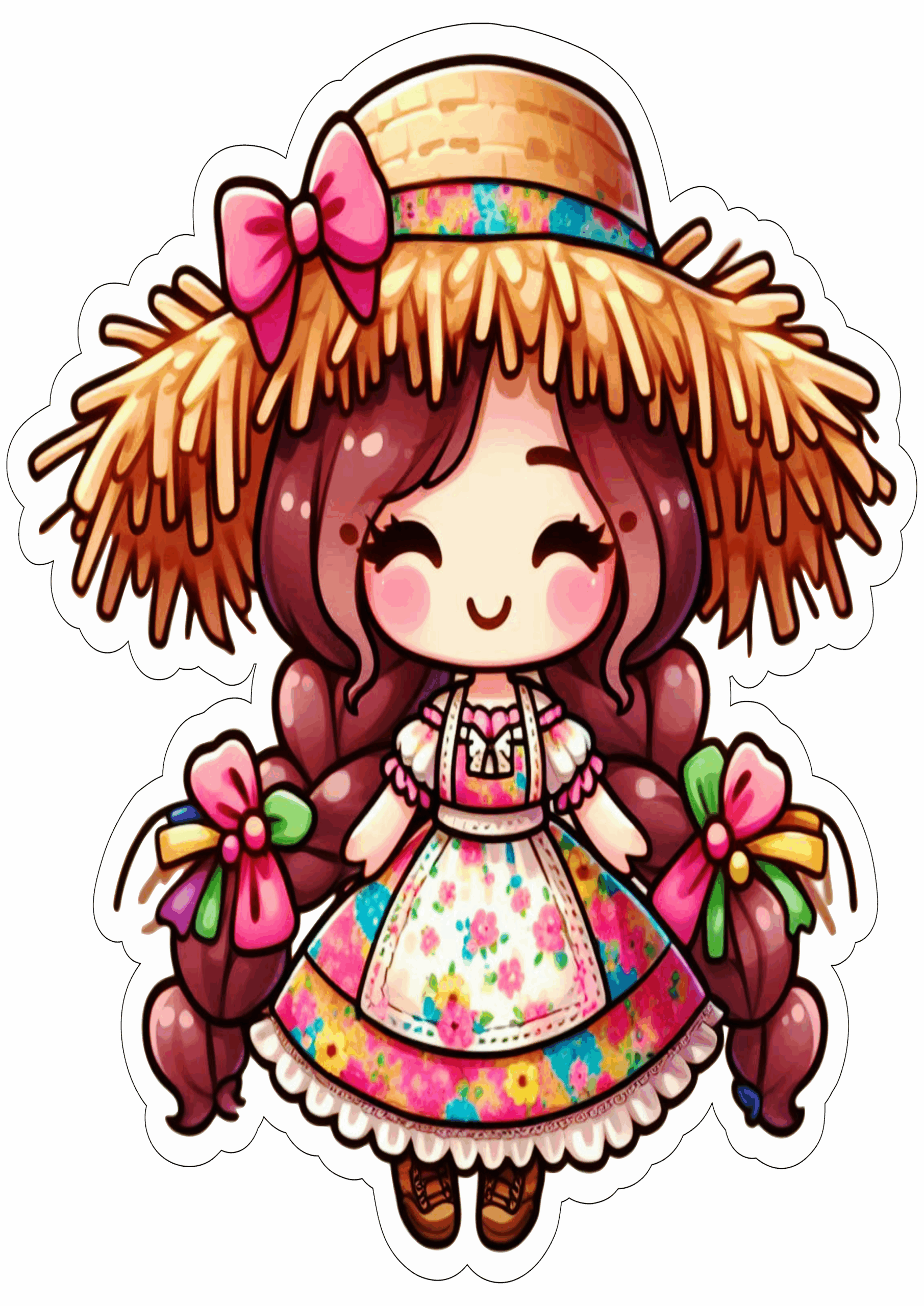Festa junina desenho fofinho vestido colorido chapéu de palha trancinhas no cabelo png