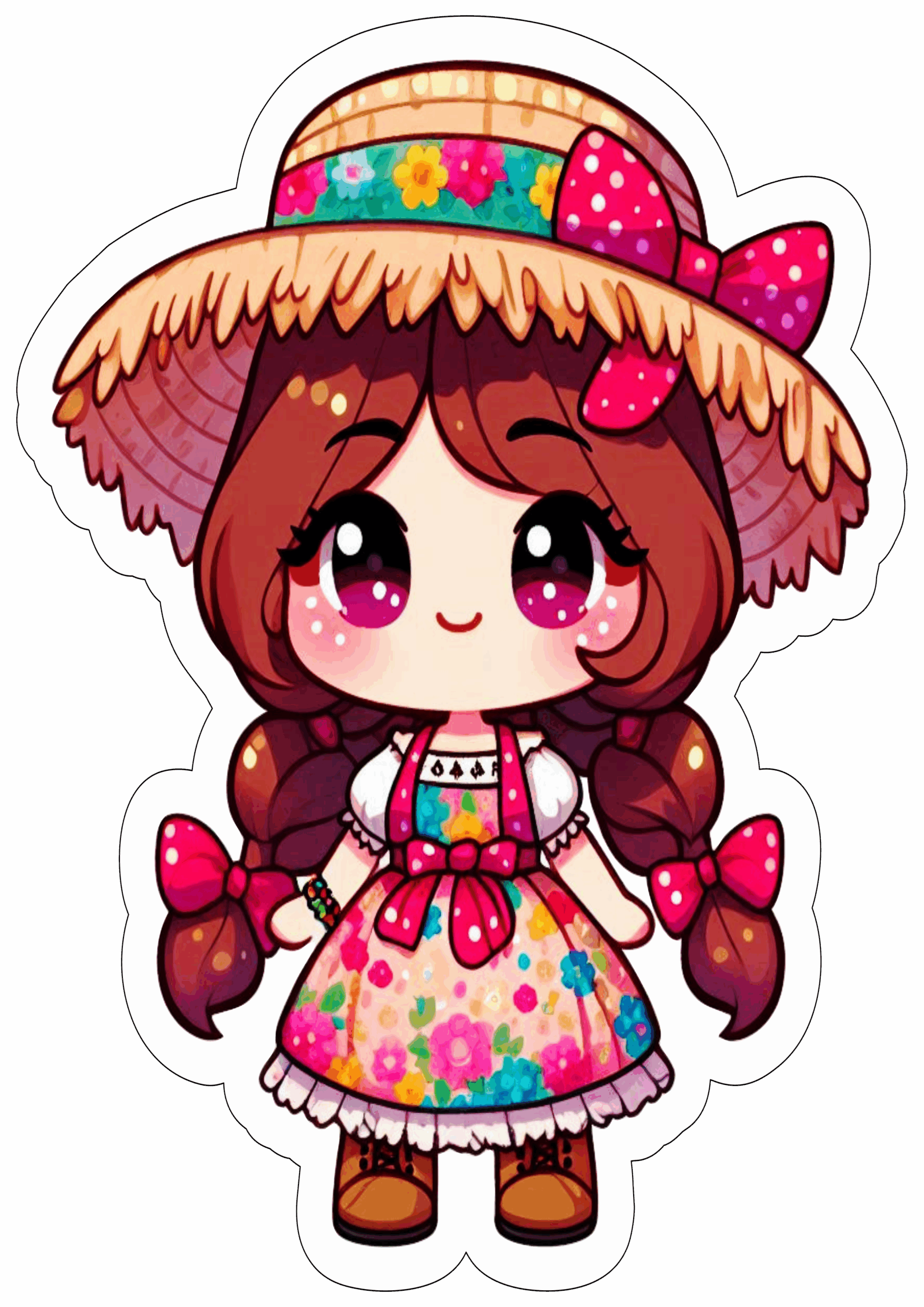 Festa junina desenho fofinho vestido colorido chapéu de palha trancinhas no cabelo fundo transparente png