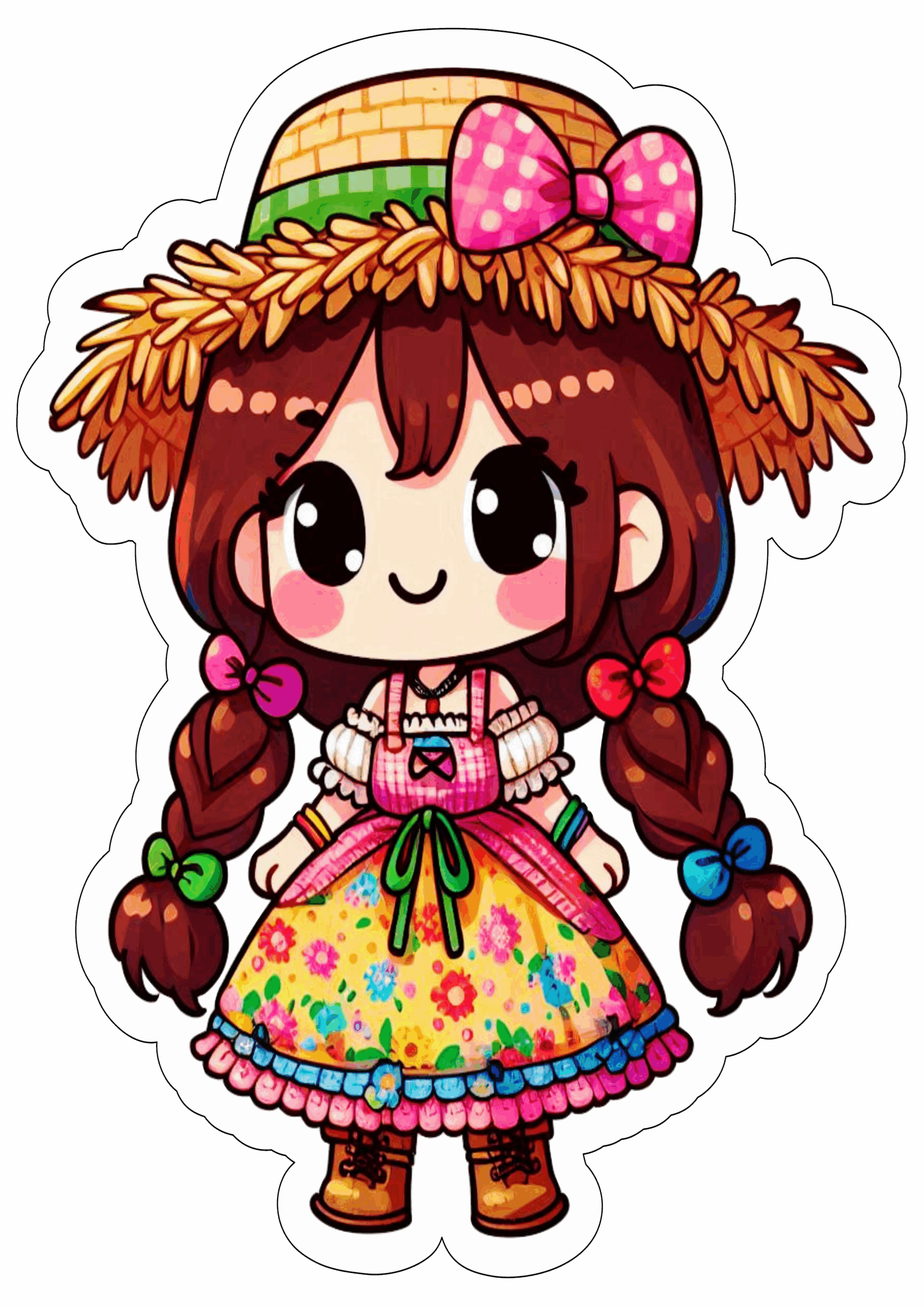 Festa junina desenho fofinho vestido colorido chapéu de palha trancinhas no cabelo fundo transparente ilustração png