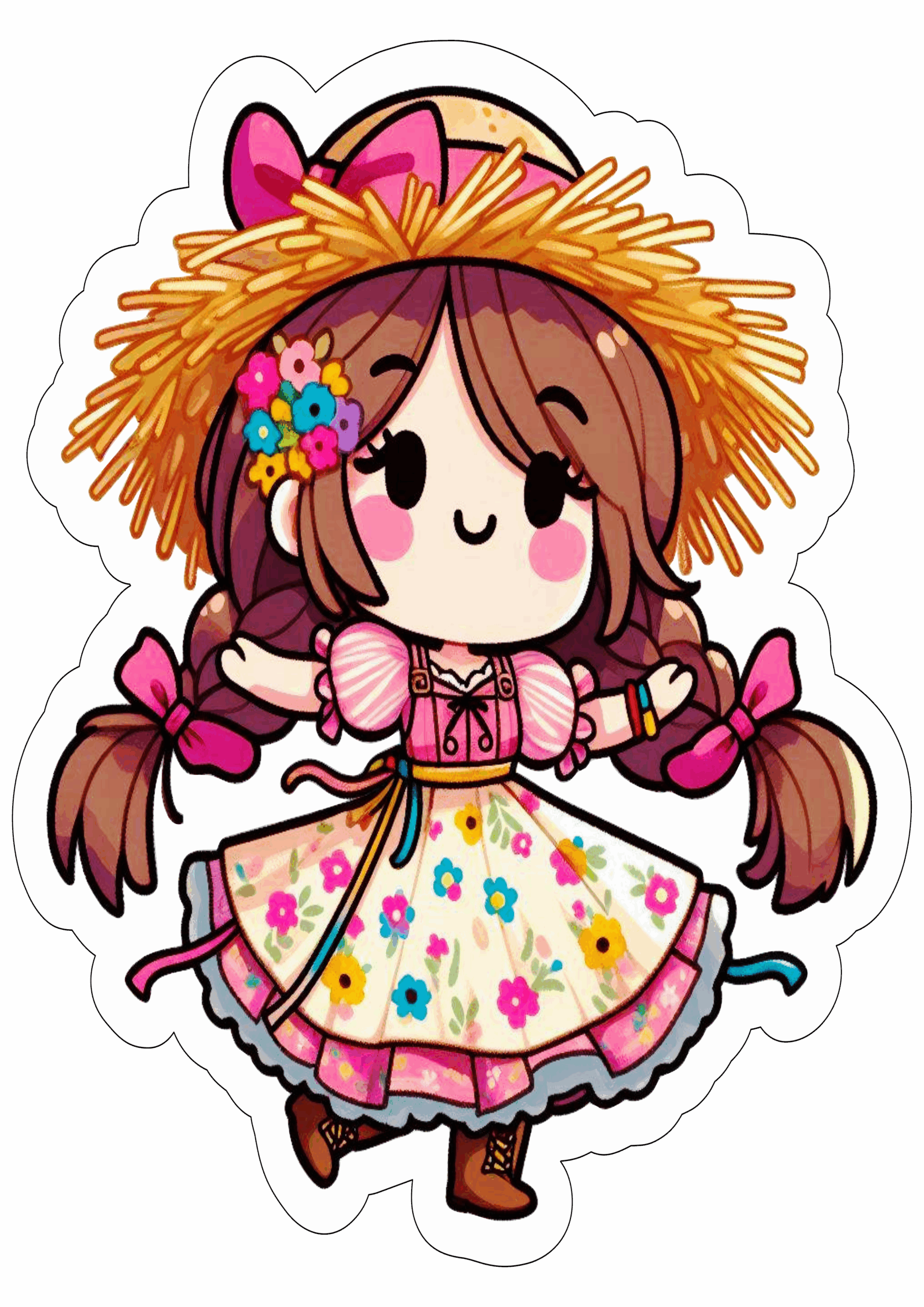 Festa junina desenho fofinho vestido colorido chapéu de palha trancinhas no cabelo fundo transparente ilustração clipart png