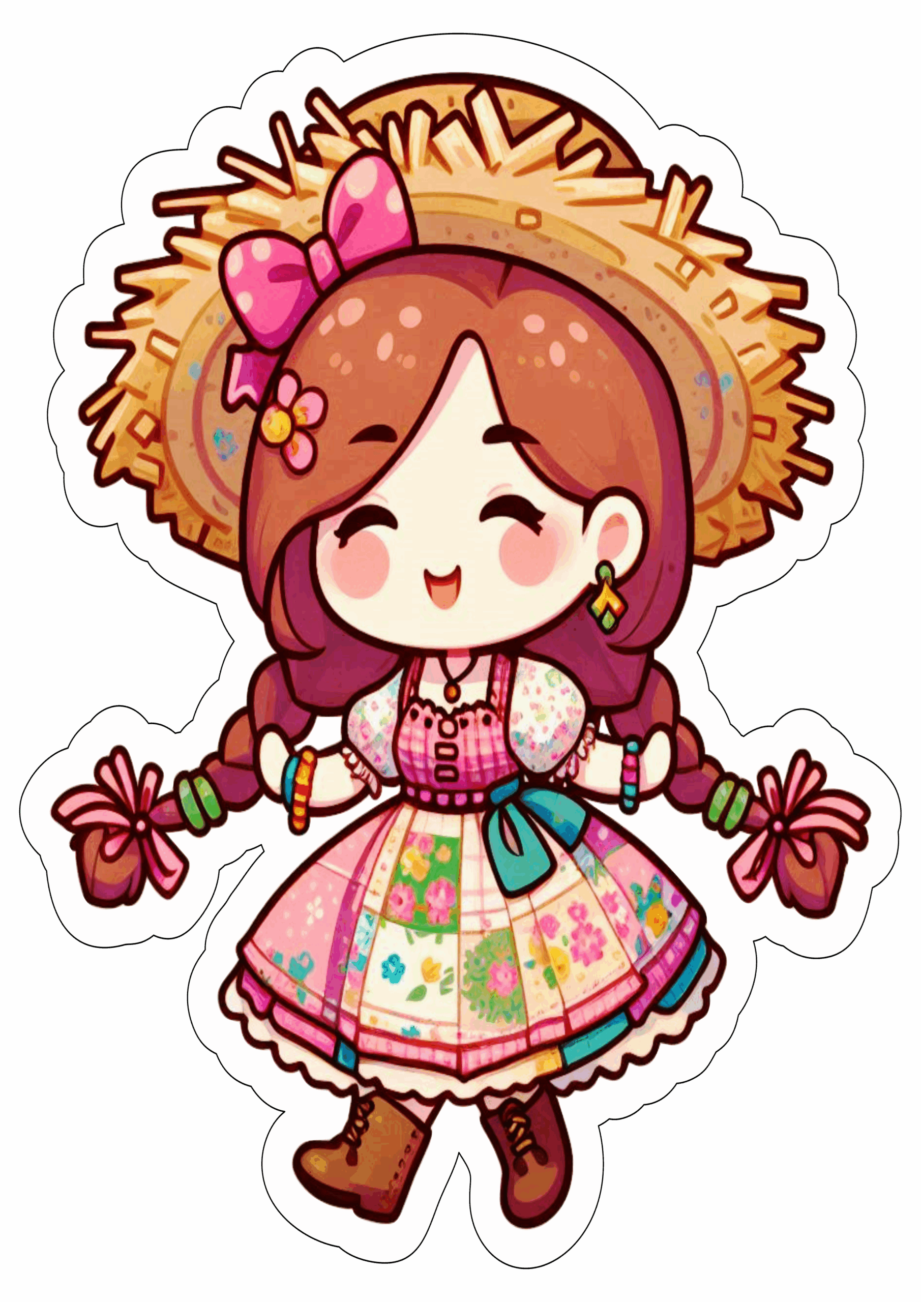 Festa junina desenho fofinho vestido colorido chapéu de palha trancinhas no cabelo fundo transparente ilustração clipart artwork png