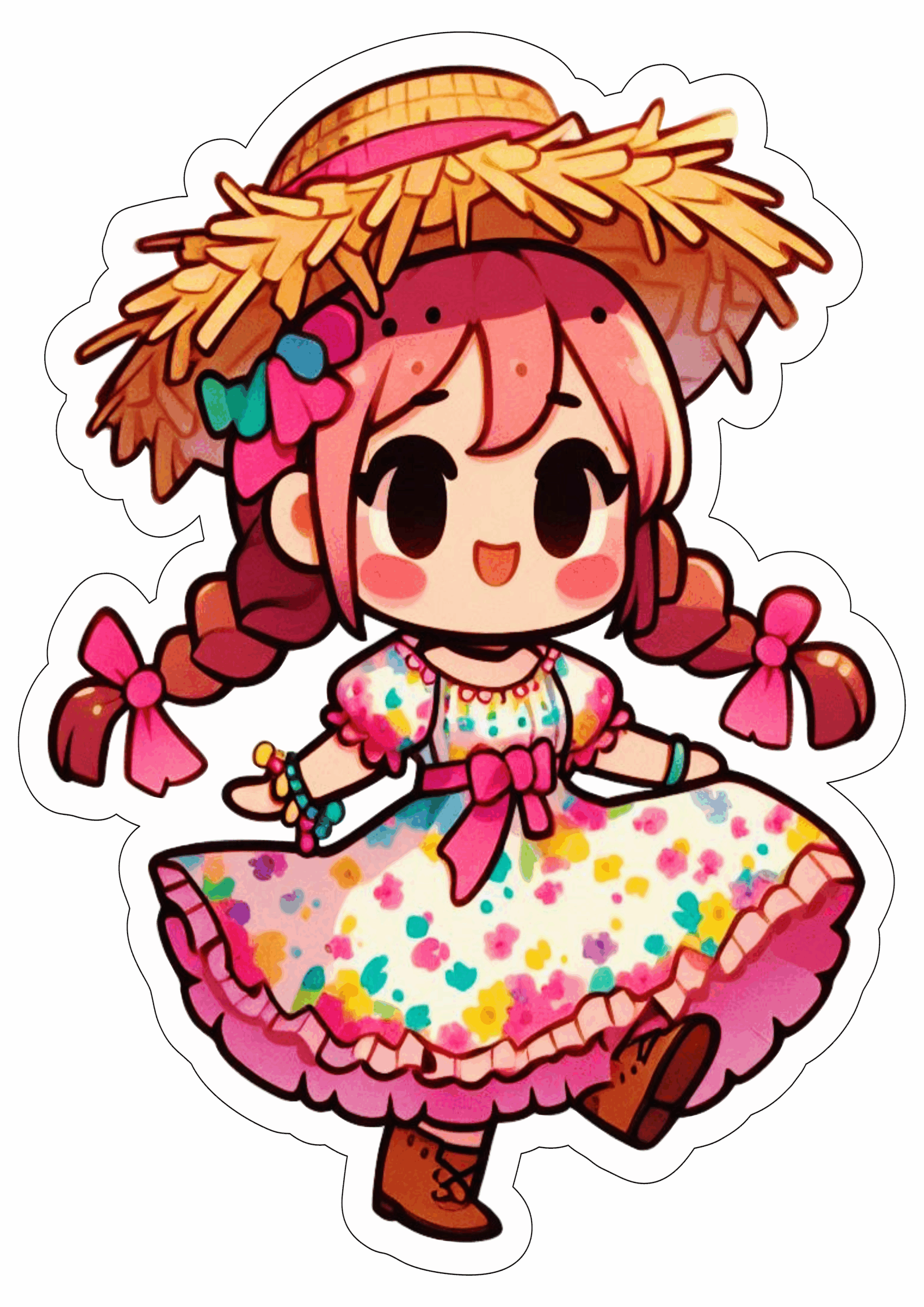 Festa junina desenho fofinho vestido colorido chapéu de palha trancinhas no cabelo fundo transparente São João png
