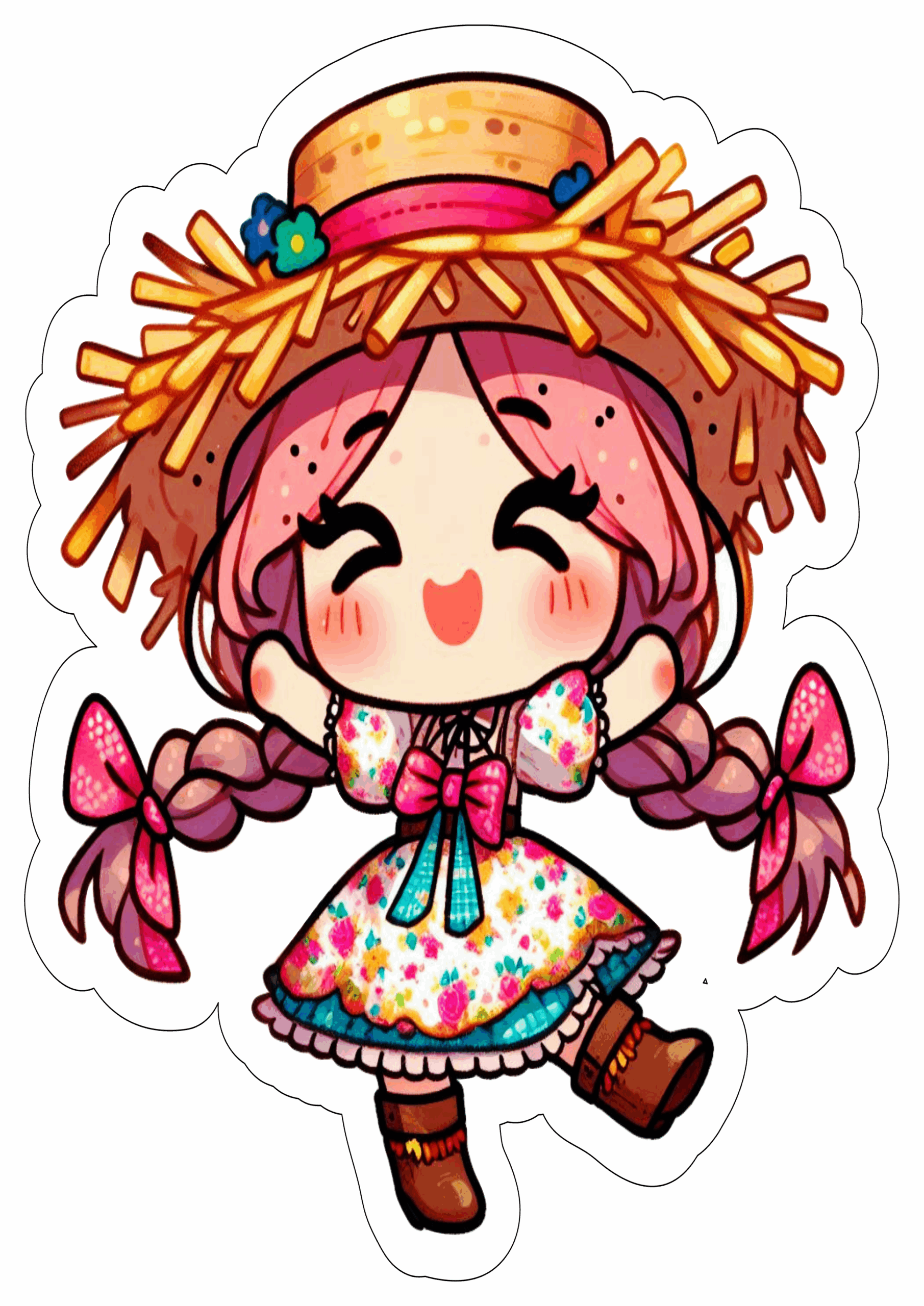 Festa junina desenho fofinho vestido colorido chapéu de palha trancinhas no cabelo fundo transparente São João quadrilhas png