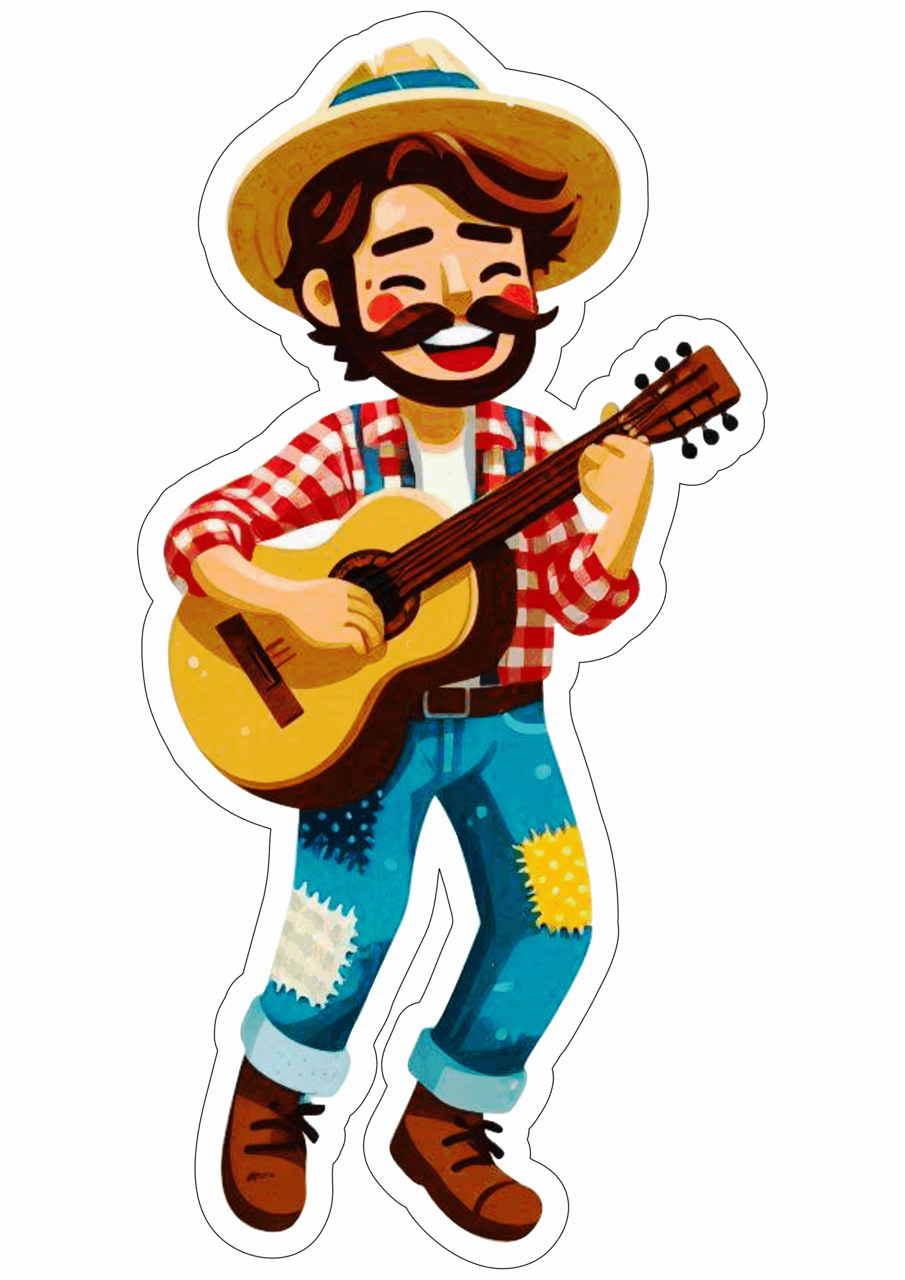 Festa junina desenho simples caipira tocando violão chapéu de palha São João típica tradição fundo transparente  png