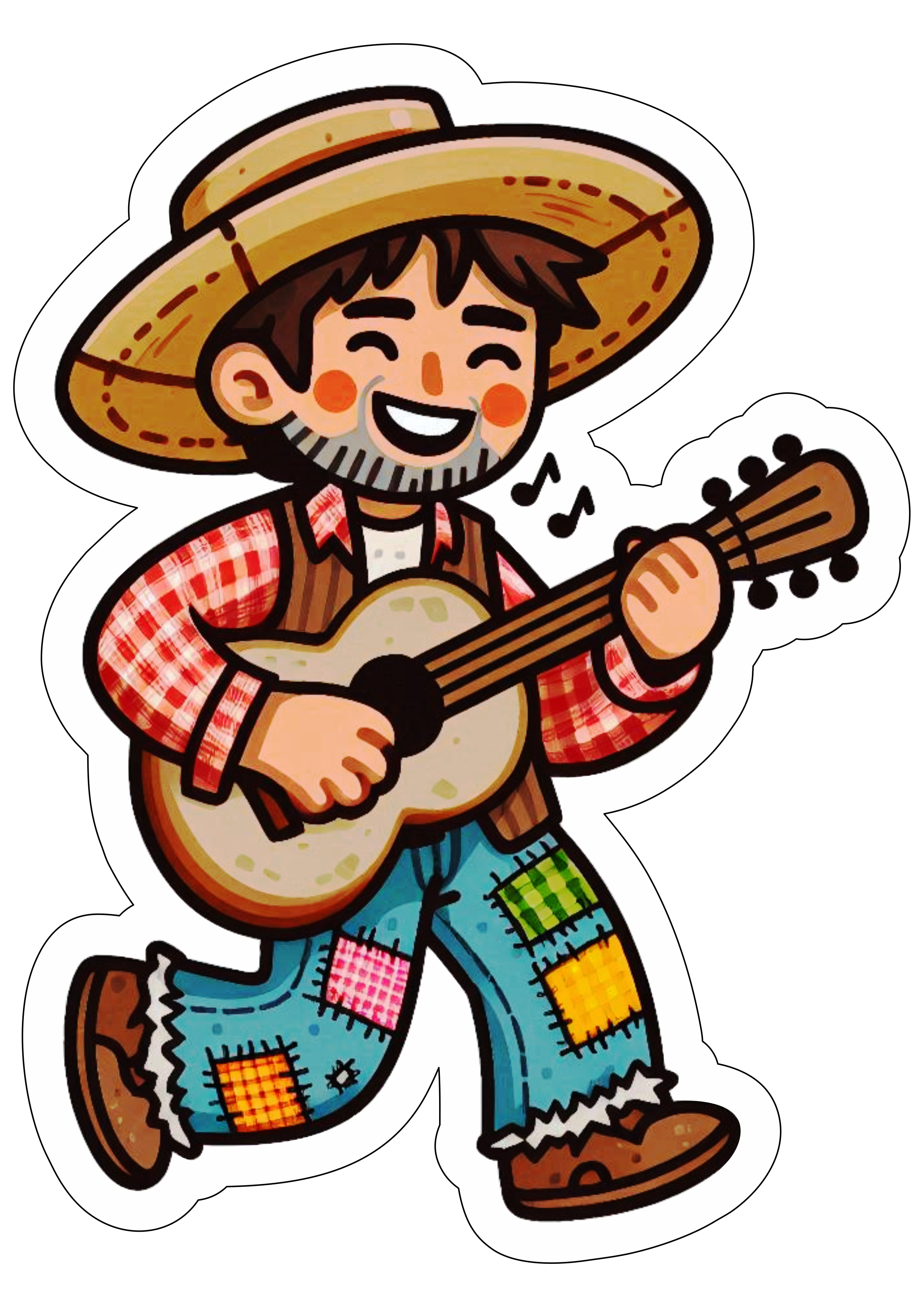 Festa junina desenho simples caipira tocando violão chapéu de palha São João típica tradição fundo transparente ilustração clipart png