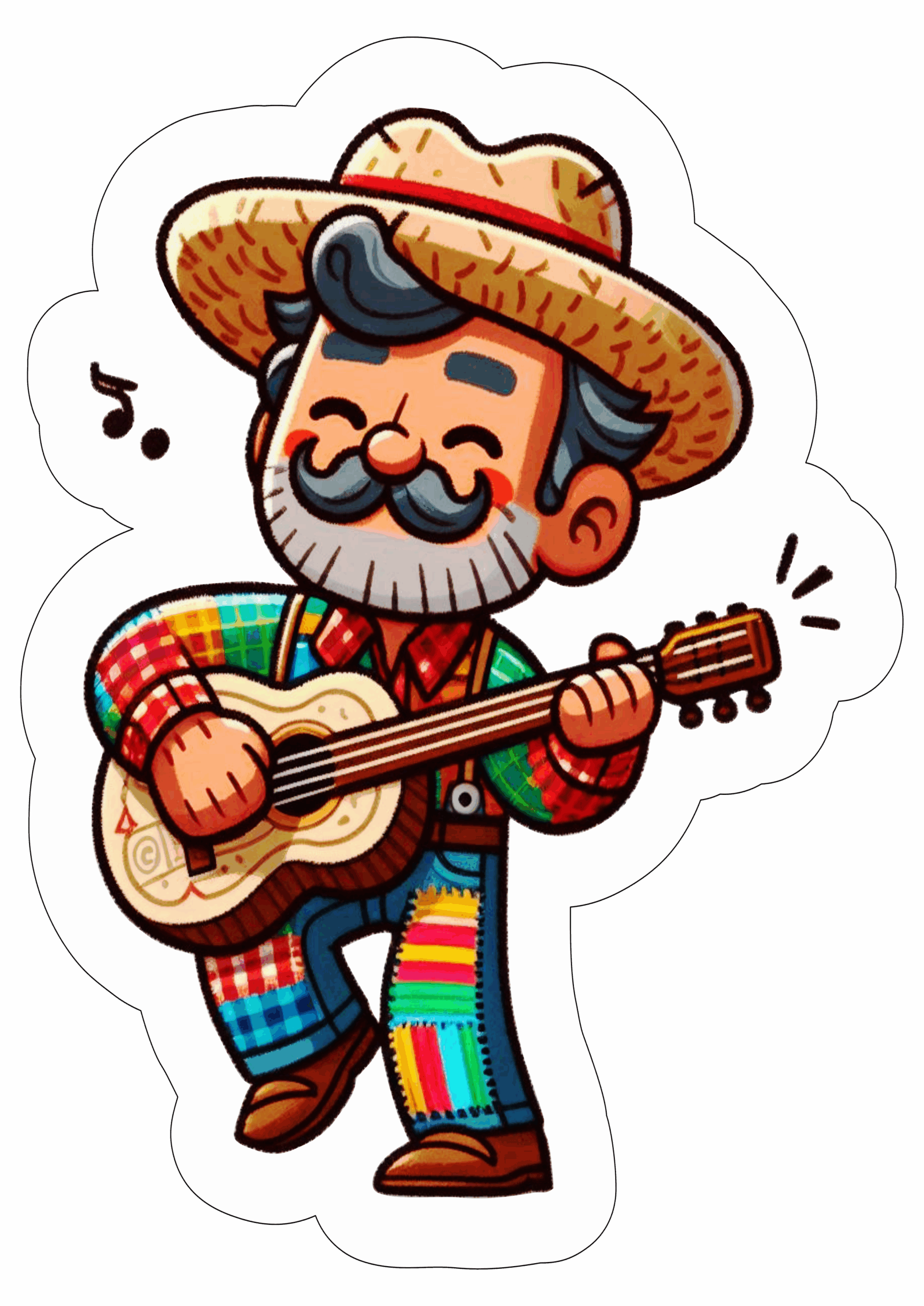Festa junina desenho simples caipira tocando violão chapéu de palha São João típica tradição fundo transparente ilustração clipart vetor png