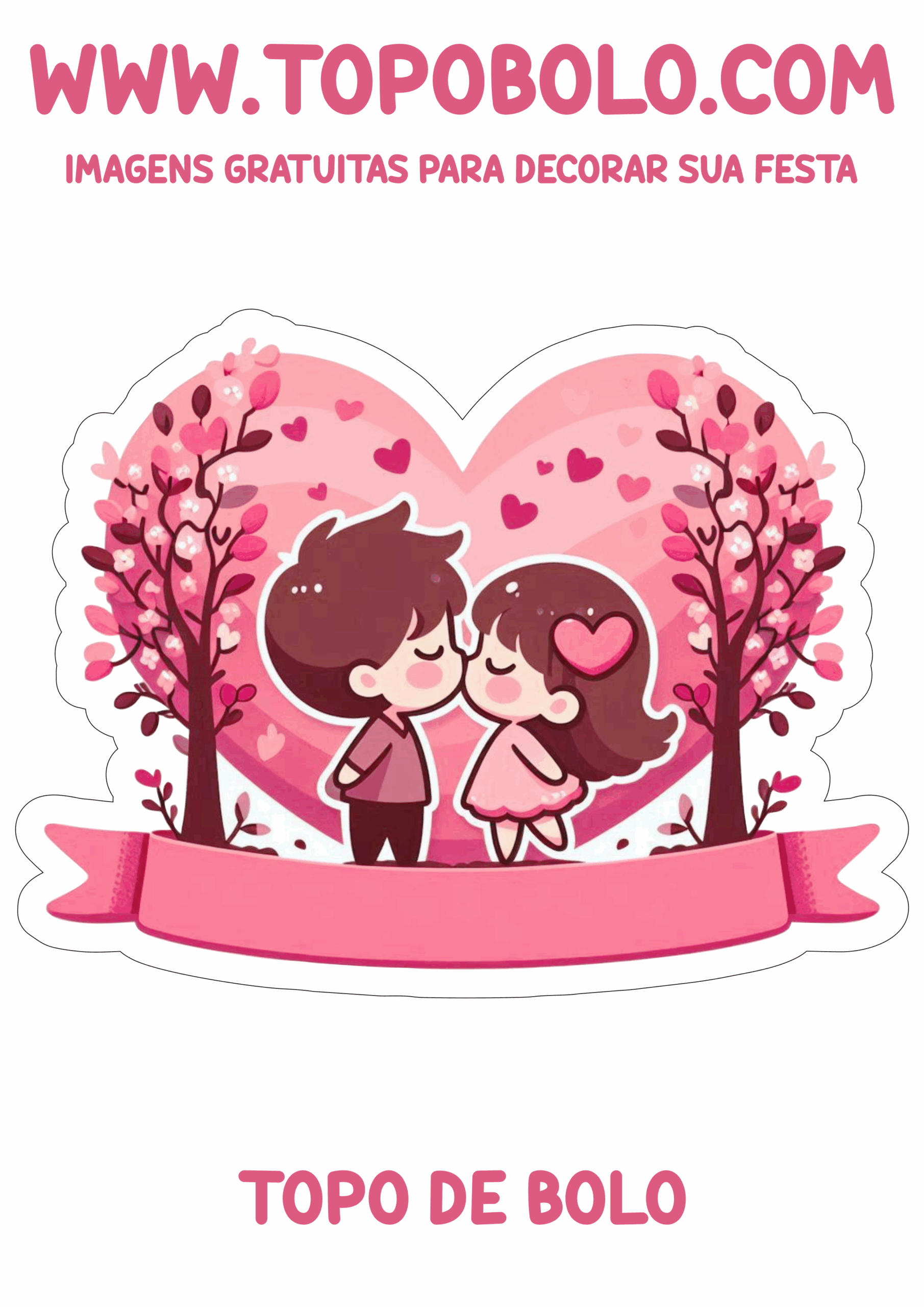Dia dos namorados topo de bolo fofinho rosa decoração coração adesivos tags stickers banners árvores beijinho png