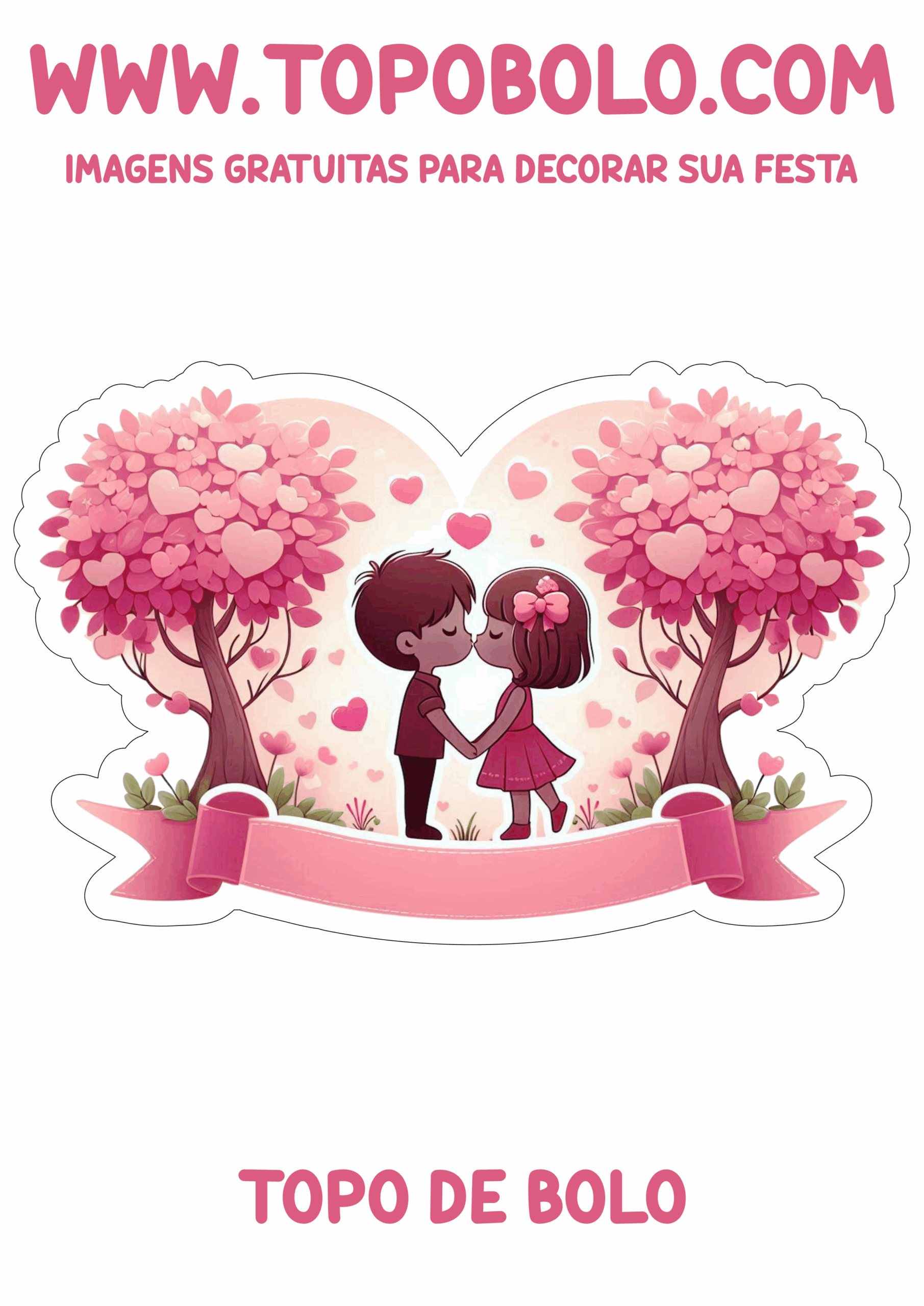 Dia dos namorados topo de bolo fofinho rosa decoração coração adesivos tags stickers banners árvores beijinho casal apaixonado png