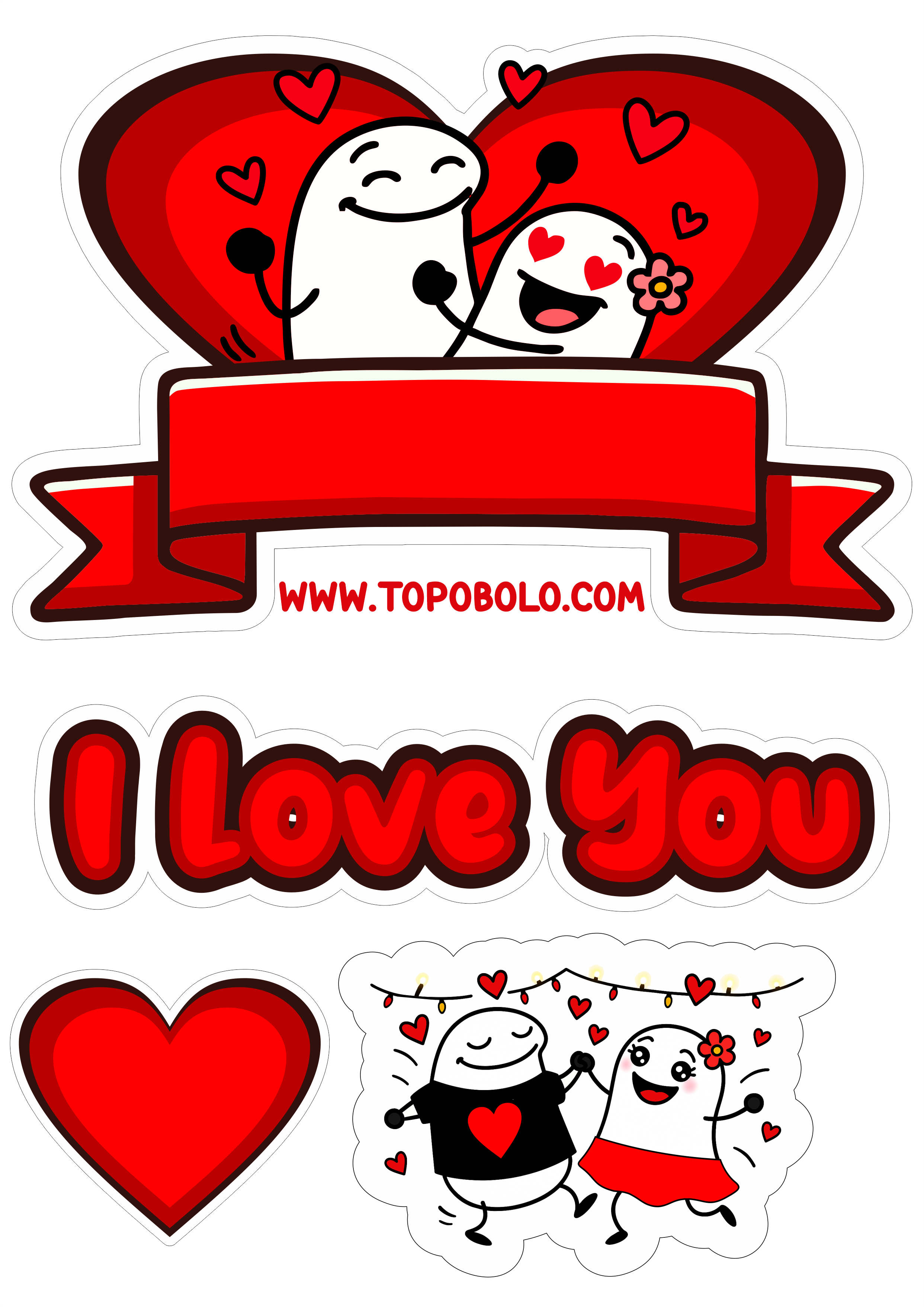 Topo de bolo flork of cows 12 de junho dia dos namorados com corações i love you papelaria criativa png
