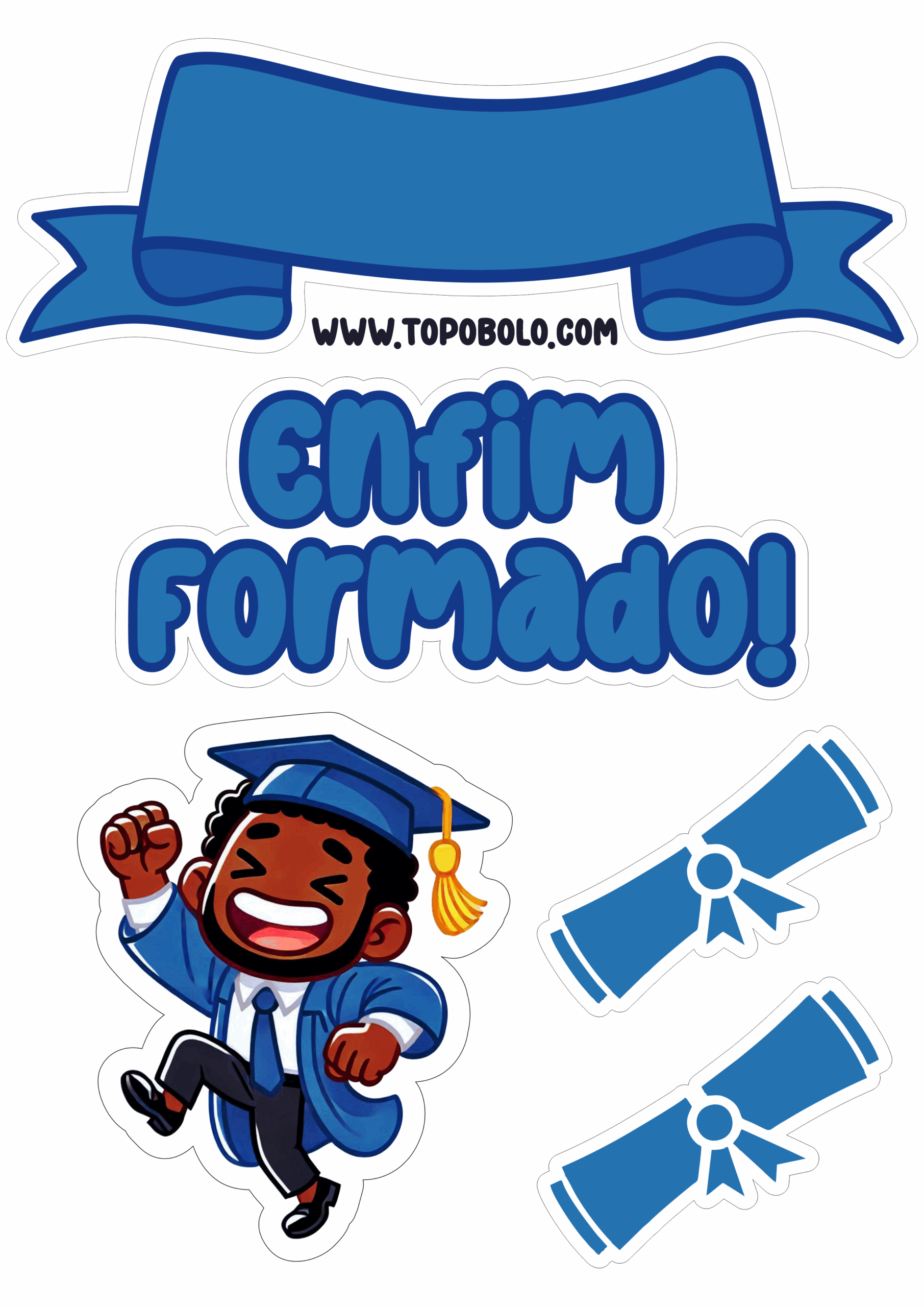 Topo de bolo para imprimir enfim formado homem negro desenho simples decoração de festa de formatura png