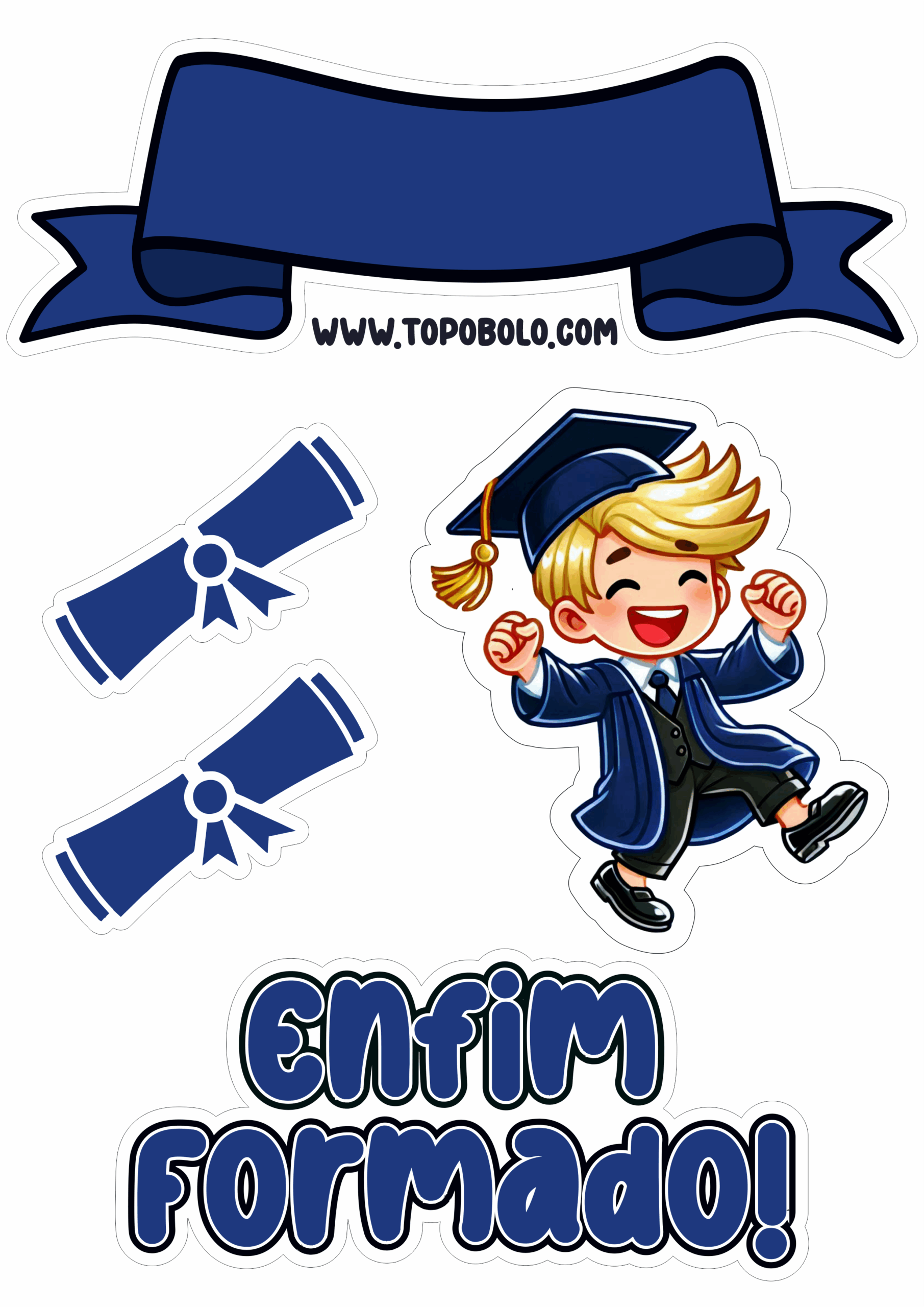 Topo de bolo para imprimir enfim formado homem loiro desenho simples decoração de festa de formatura png