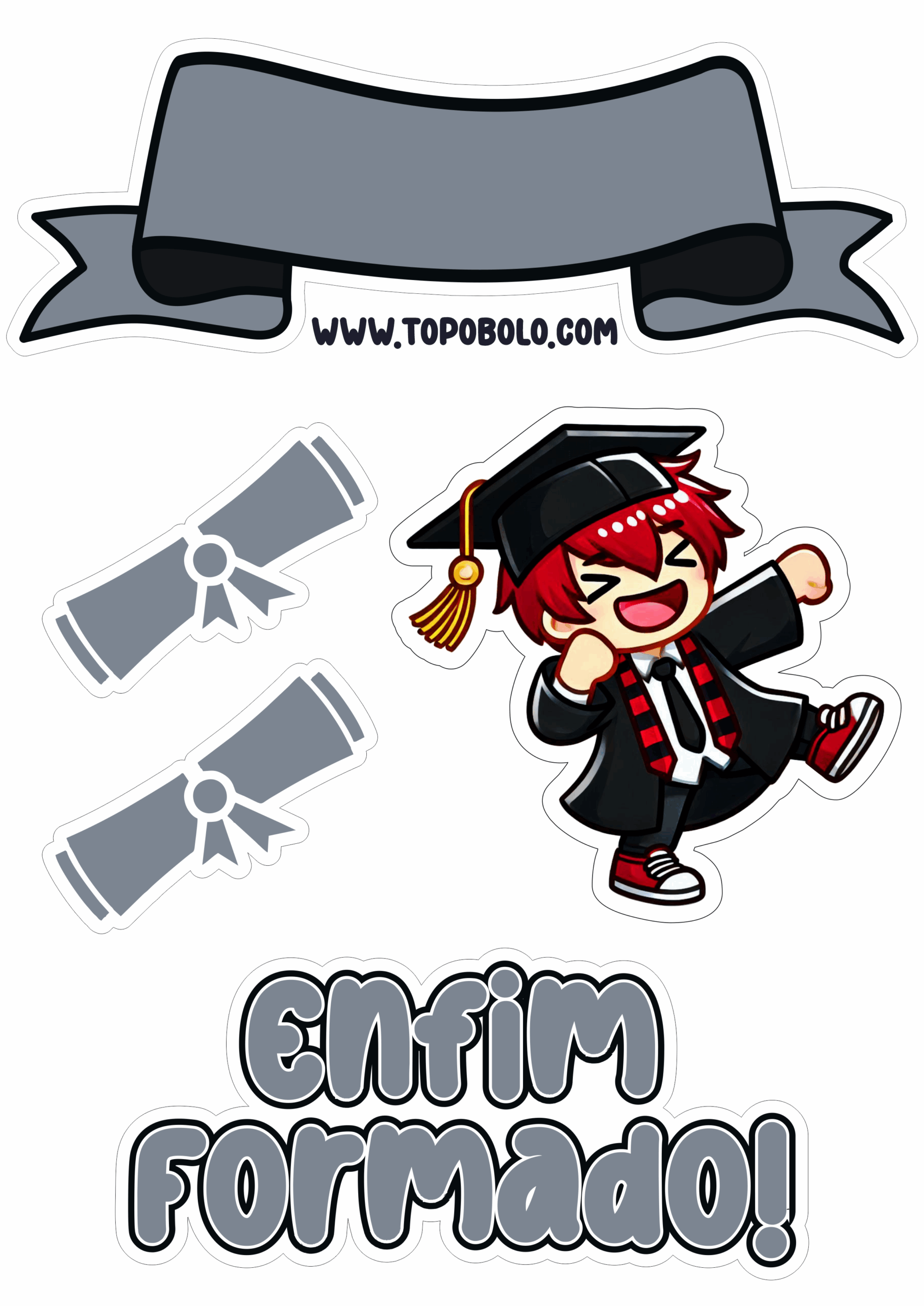 Topo de bolo para imprimir enfim formado homem ruivo desenho simples decoração de festa de formatura png