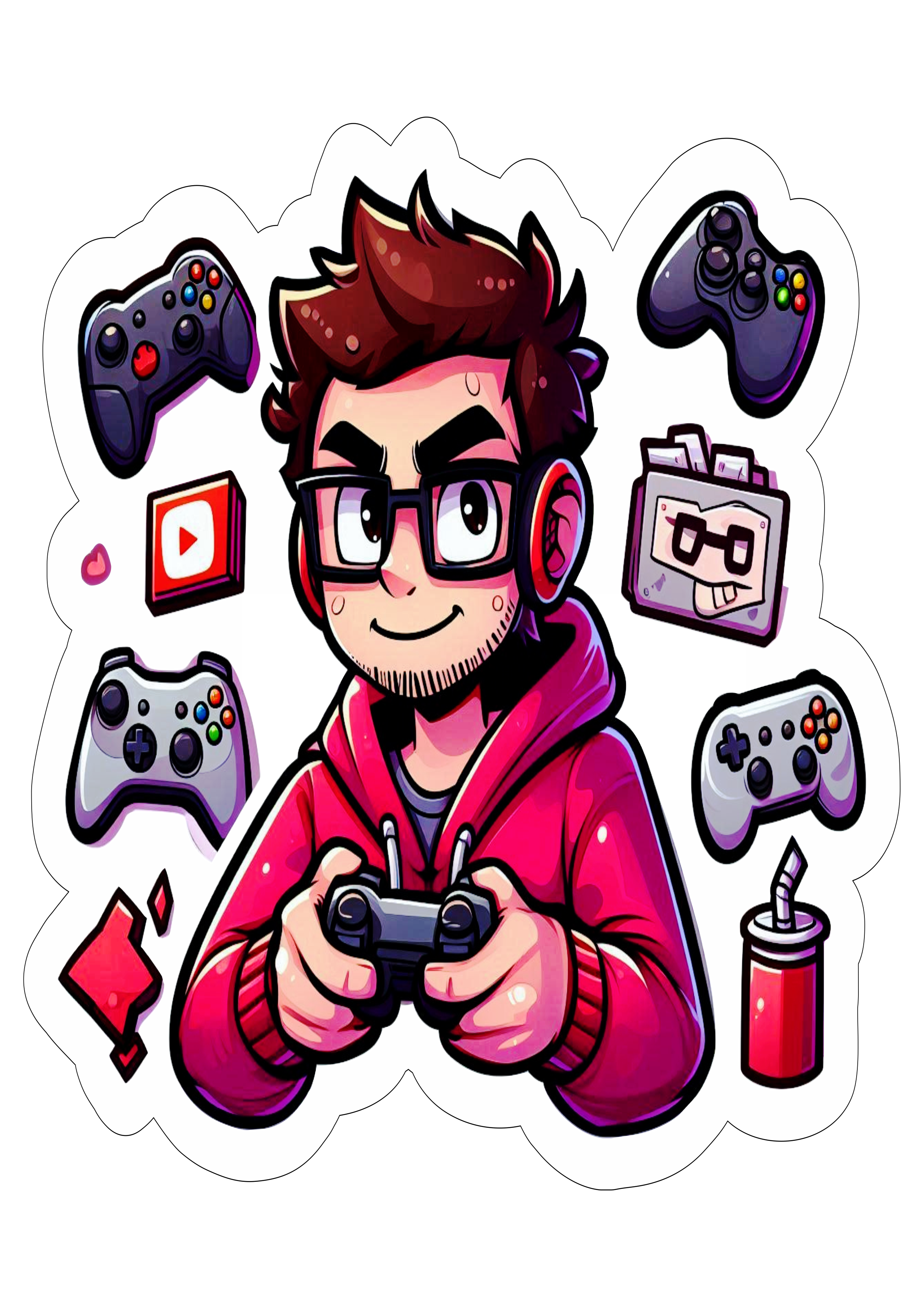 Garoto nerd gamer desenho colorido simples fundo transparente cartoon ilustração playstation xbox png