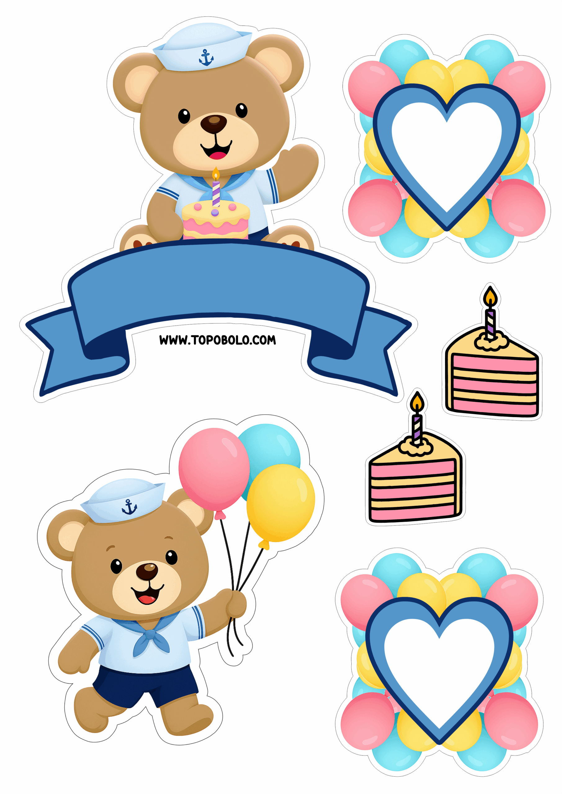 Topo de bolo para imprimir Ursinho marinheiro festa de aniversário infantil para imprimir e decorar sua festinha balões e corações png