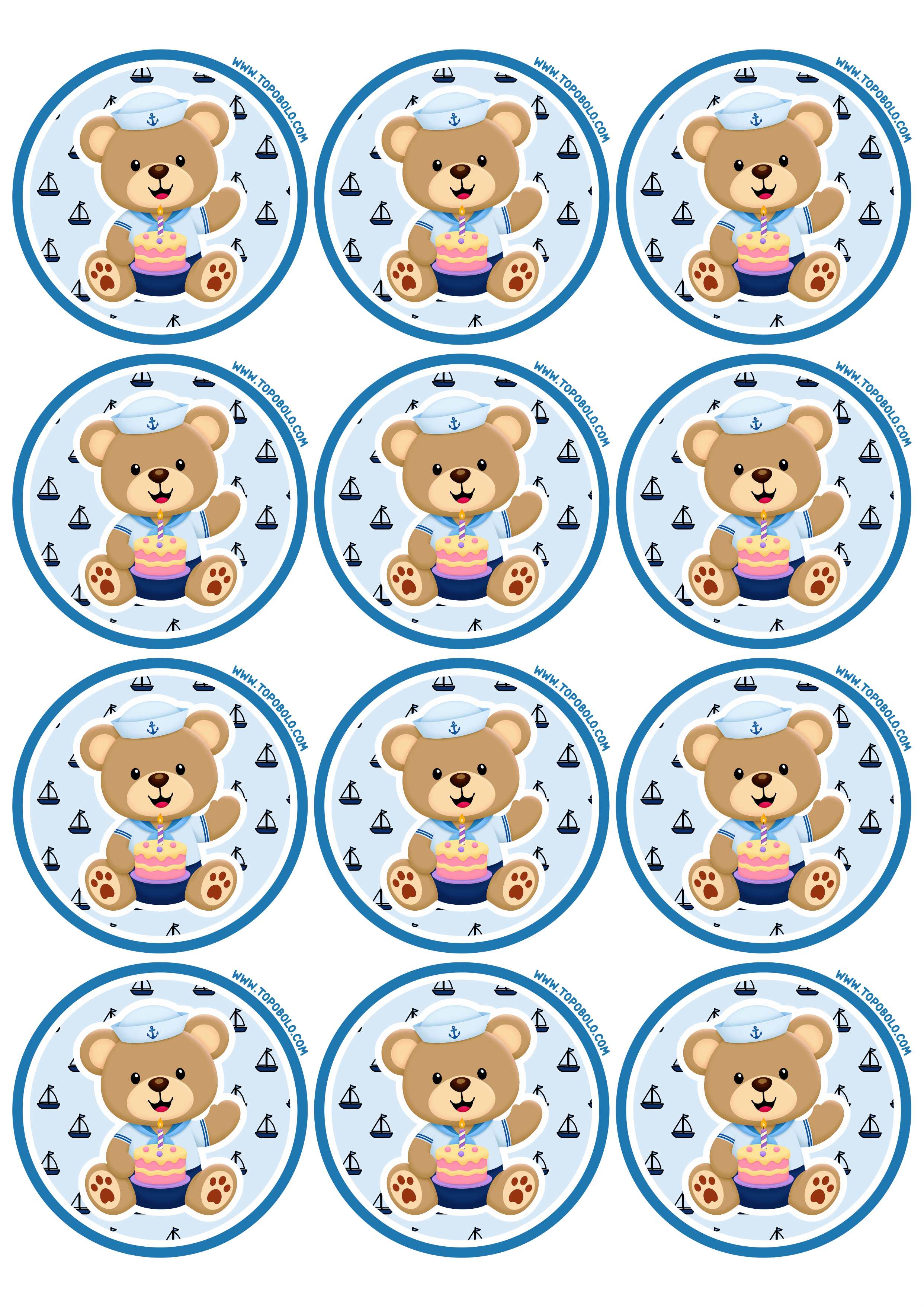 Adesivo para decoração de festa infantil ursinho marinheiro azul tema de aniversário pronto para imprimir artes em papel 12 imagens png