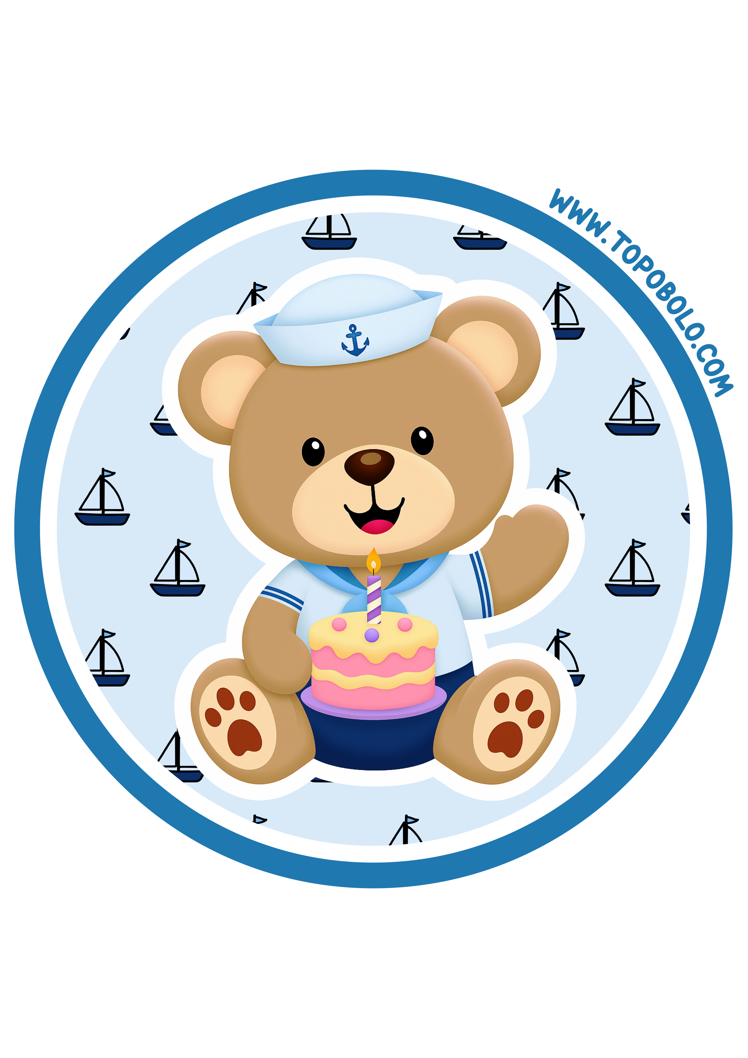 Adesivo para decoração de festa infantil ursinho marinheiro azul tema de aniversário pronto para imprimir artes em papel png