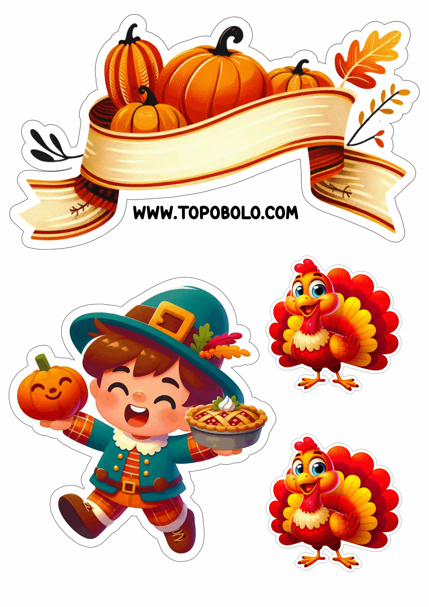 Topo de bolo feliz dia de ação de graças feriado americano decoração para festas png