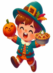 simple drawing thanksgiving decoration little boy holding pie and pumpkin