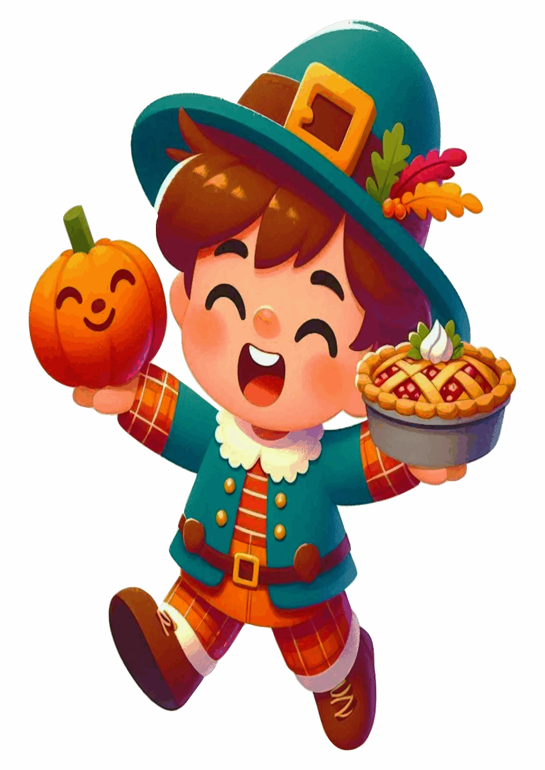 Feliz dia de ação de graças imagem fofinha garotinho segurando uma abóbora e uma torta png