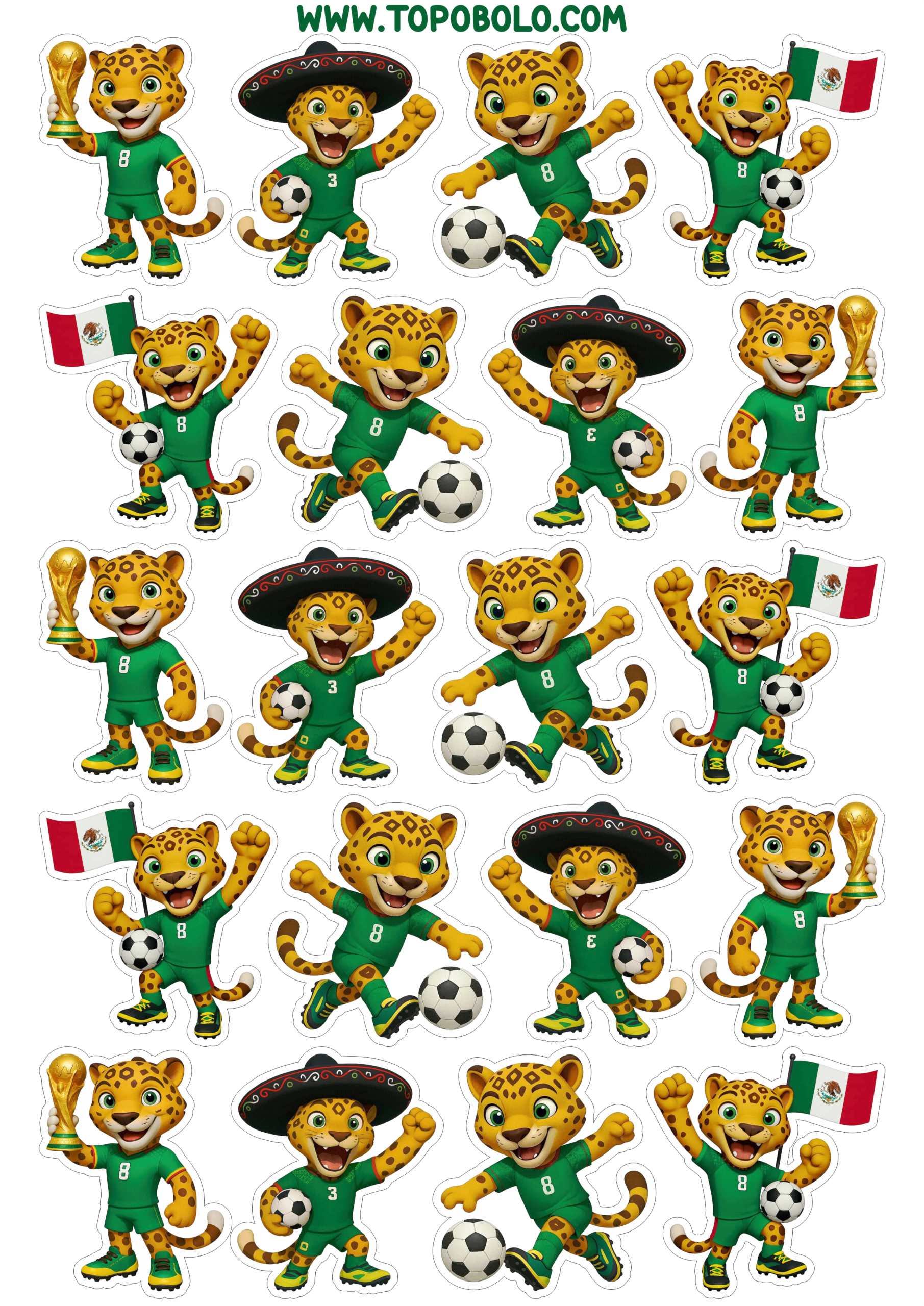 Mascote do México copa do mundo 2026 Zayu onça adesivos legais para imprimir e decorar 20 imagens png