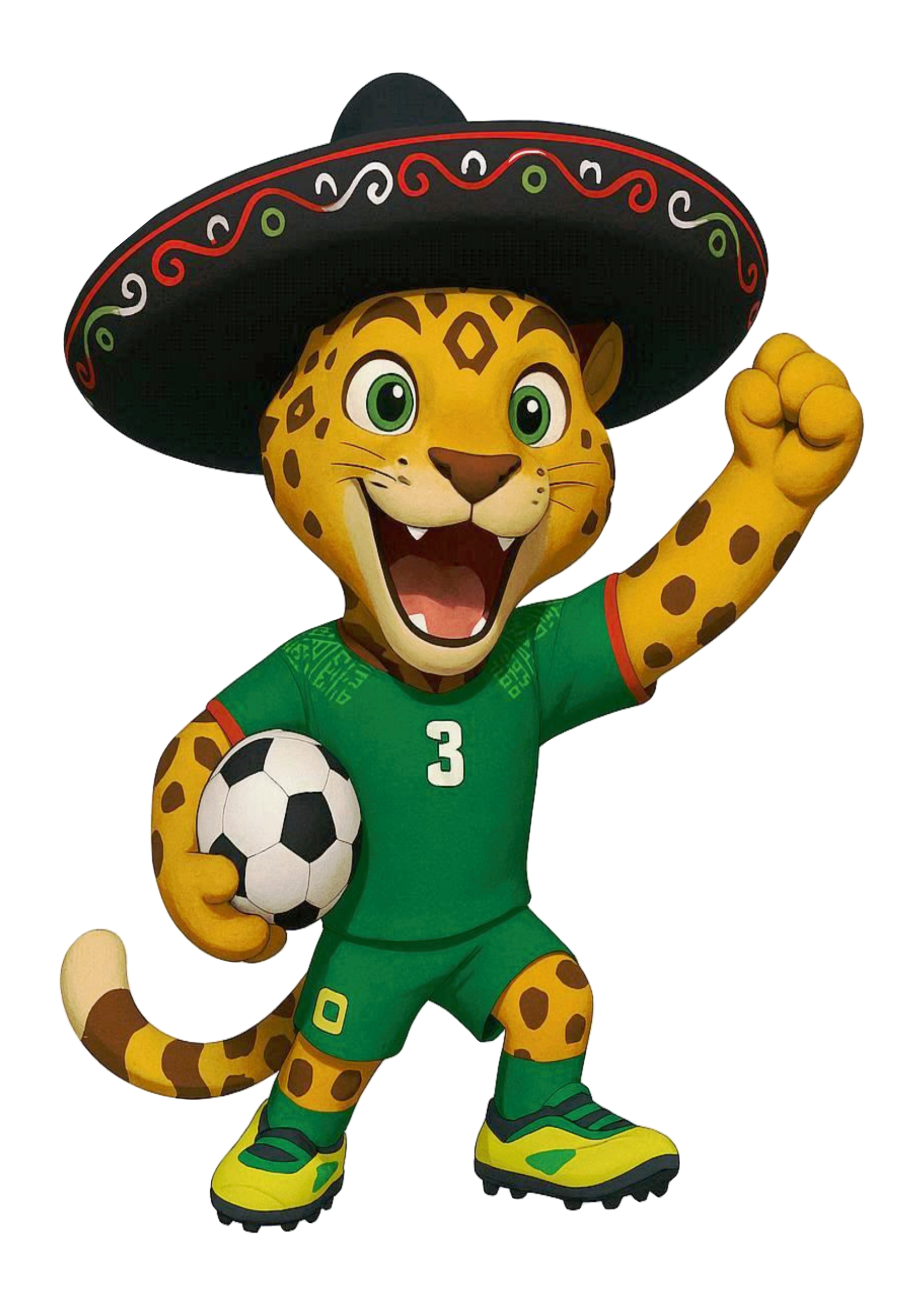 Mascote do México copa do mundo 2026 onça Zayu jogando bola campeonato de futebol usando chapéu sombreiro de mariachi png