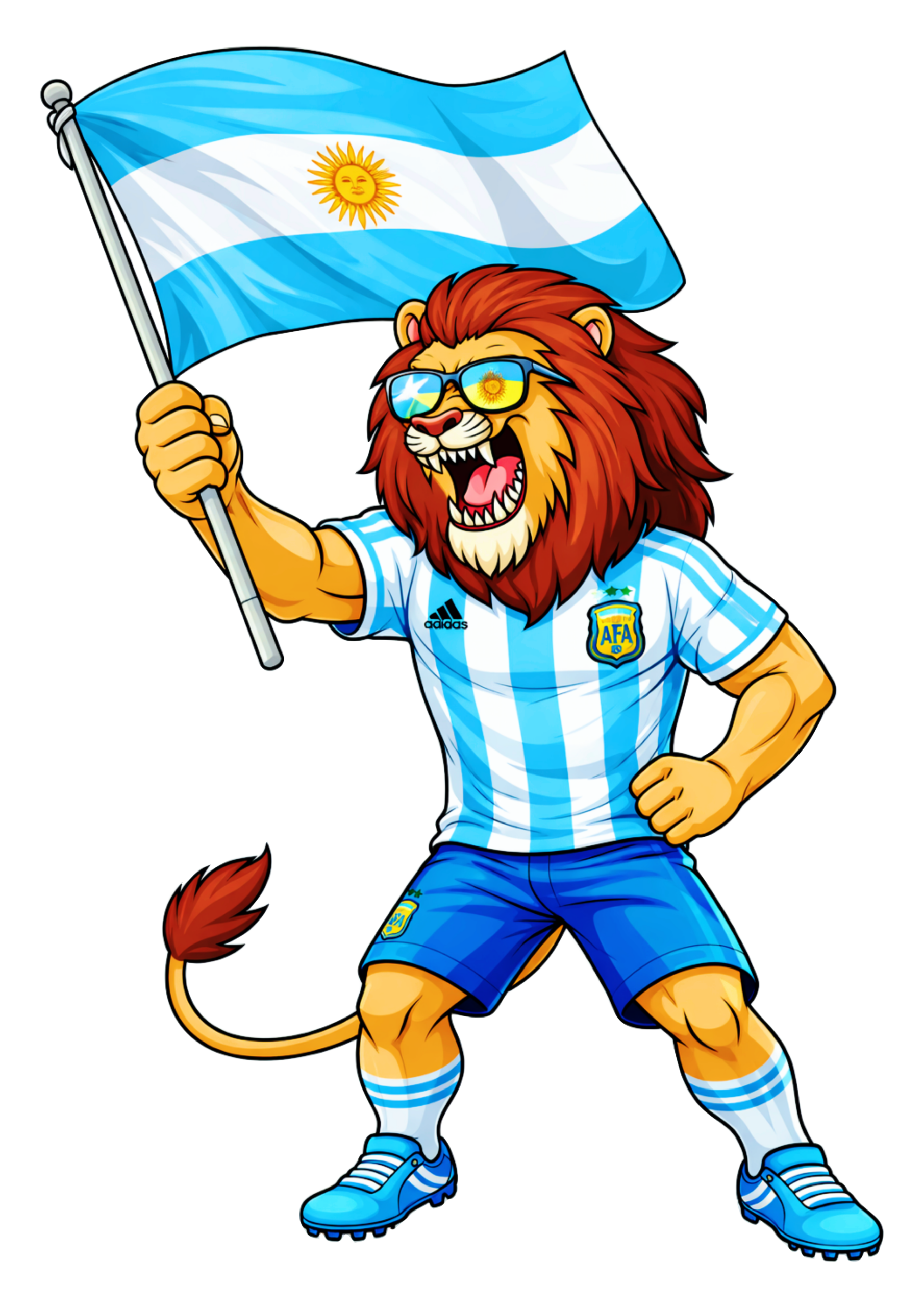 Mascote argentino leão usando uniforme segurando uma bandeira imagem para decoração copa do mundo 2026 fundo transparente png