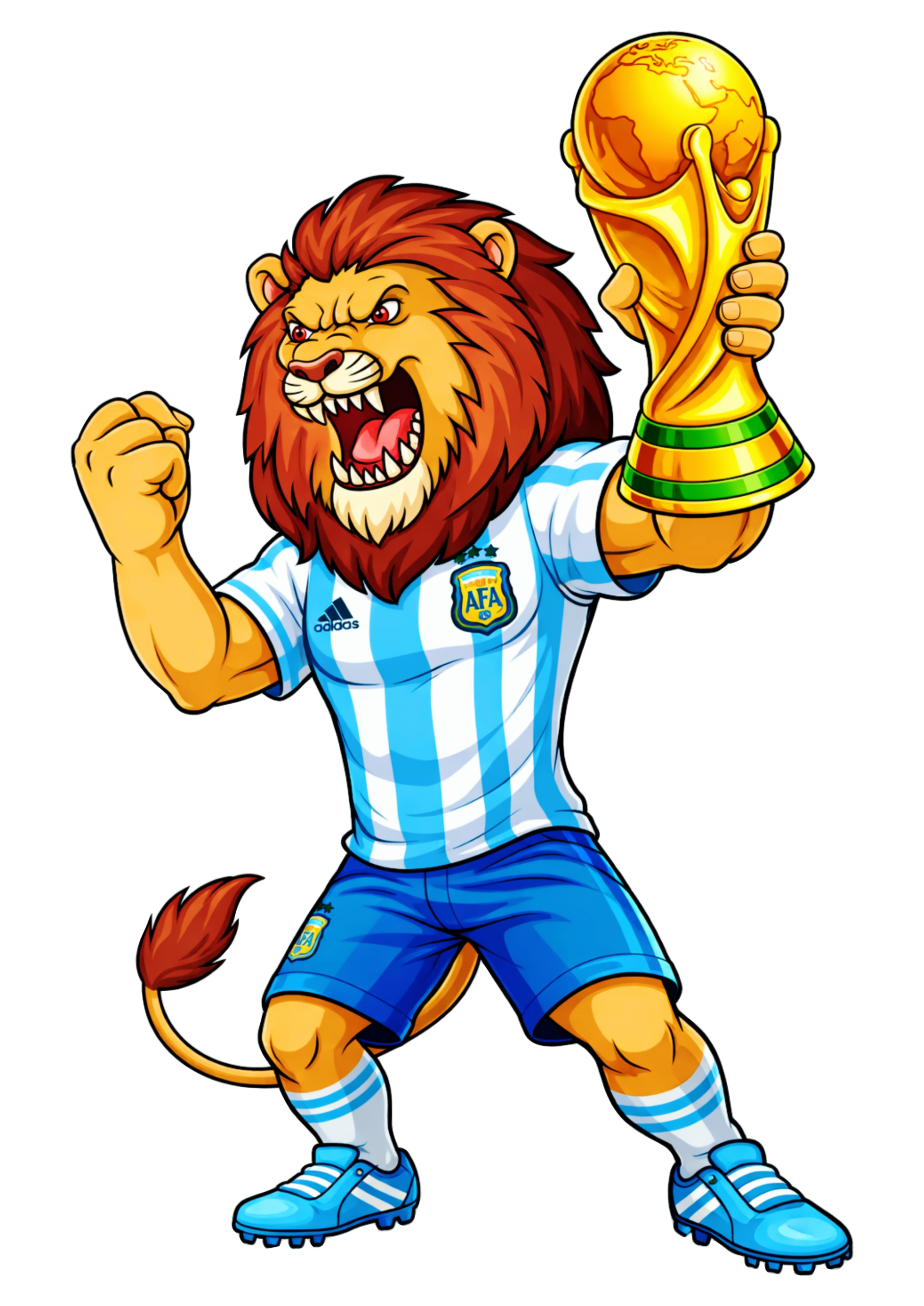 Mascote argentino leão usando uniforme segurando a taça de campeão imagem para decoração copa do mundo 2026 fundo transparente png