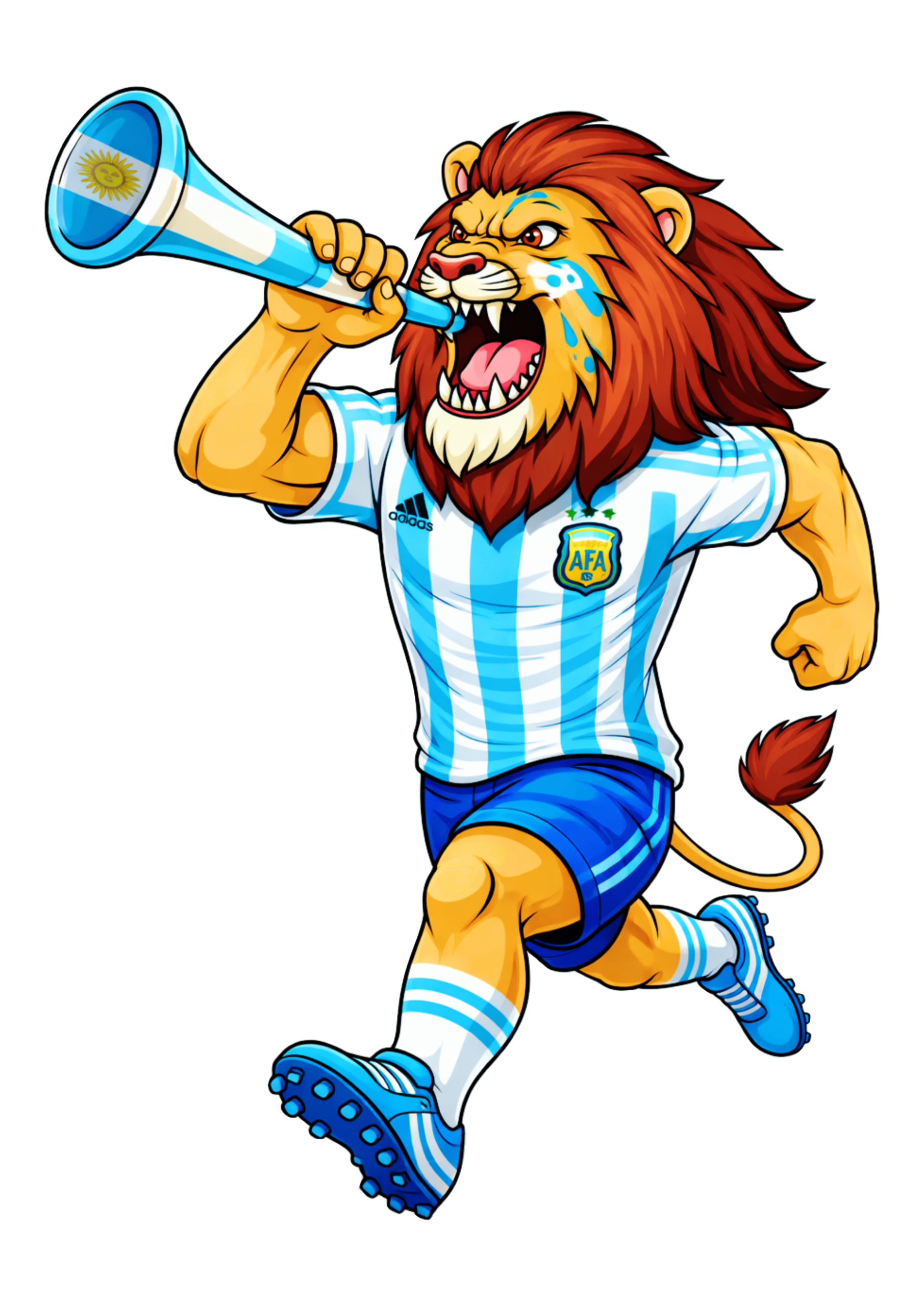 Mascote argentino leão usando uniforme segurando uma vuvuzela campeão imagem para decoração copa do mundo 2026 png