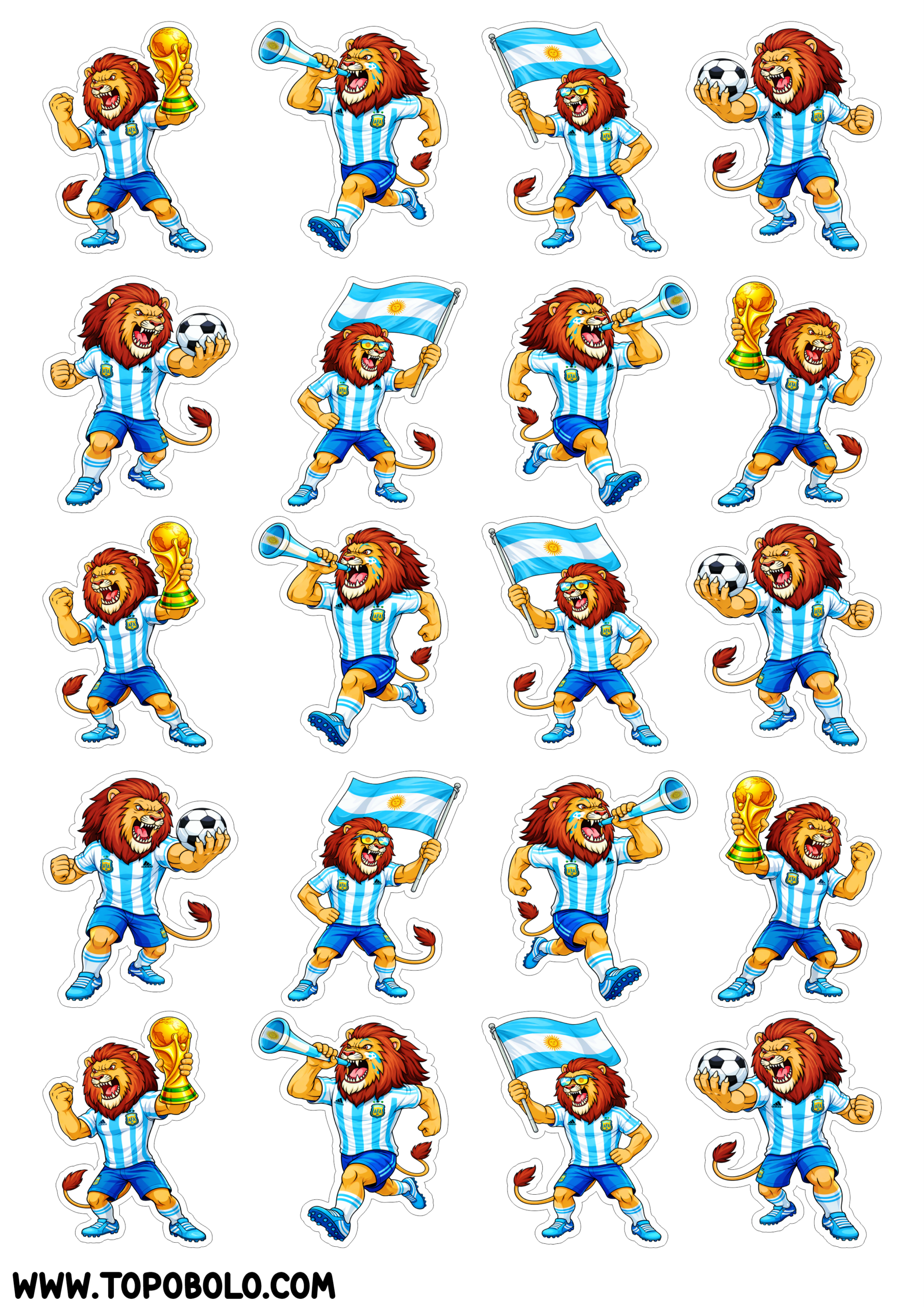 Adesivos para copa do mundo mascote argentino leão usando uniforme imagem para decoração pronto para imprimir 20 imagens png
